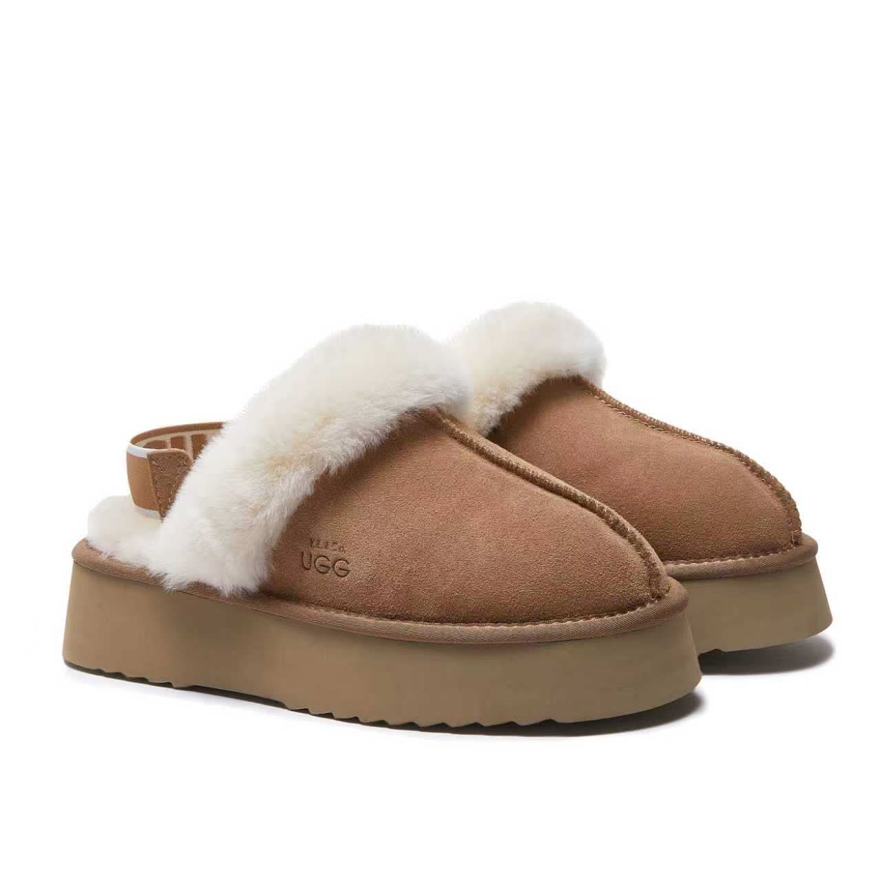 Tan sheepskin platform slipper with cream wool lining, side view. - Yellow Earth Australia