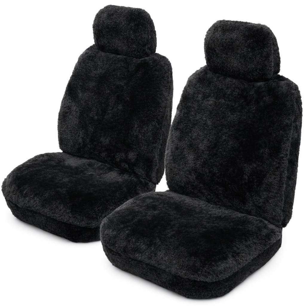 Black sheepskin car seat covers with soft wool texture displayed on white background. - Yellow Earth Australia