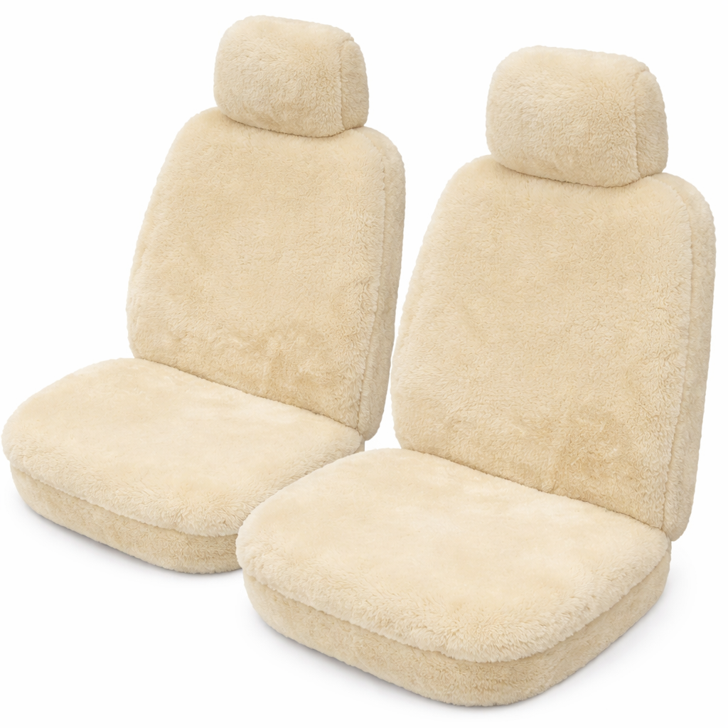 Cream sheepskin car seat covers with fluffy wool texture, front view of pair. - Yellow Earth Australia
