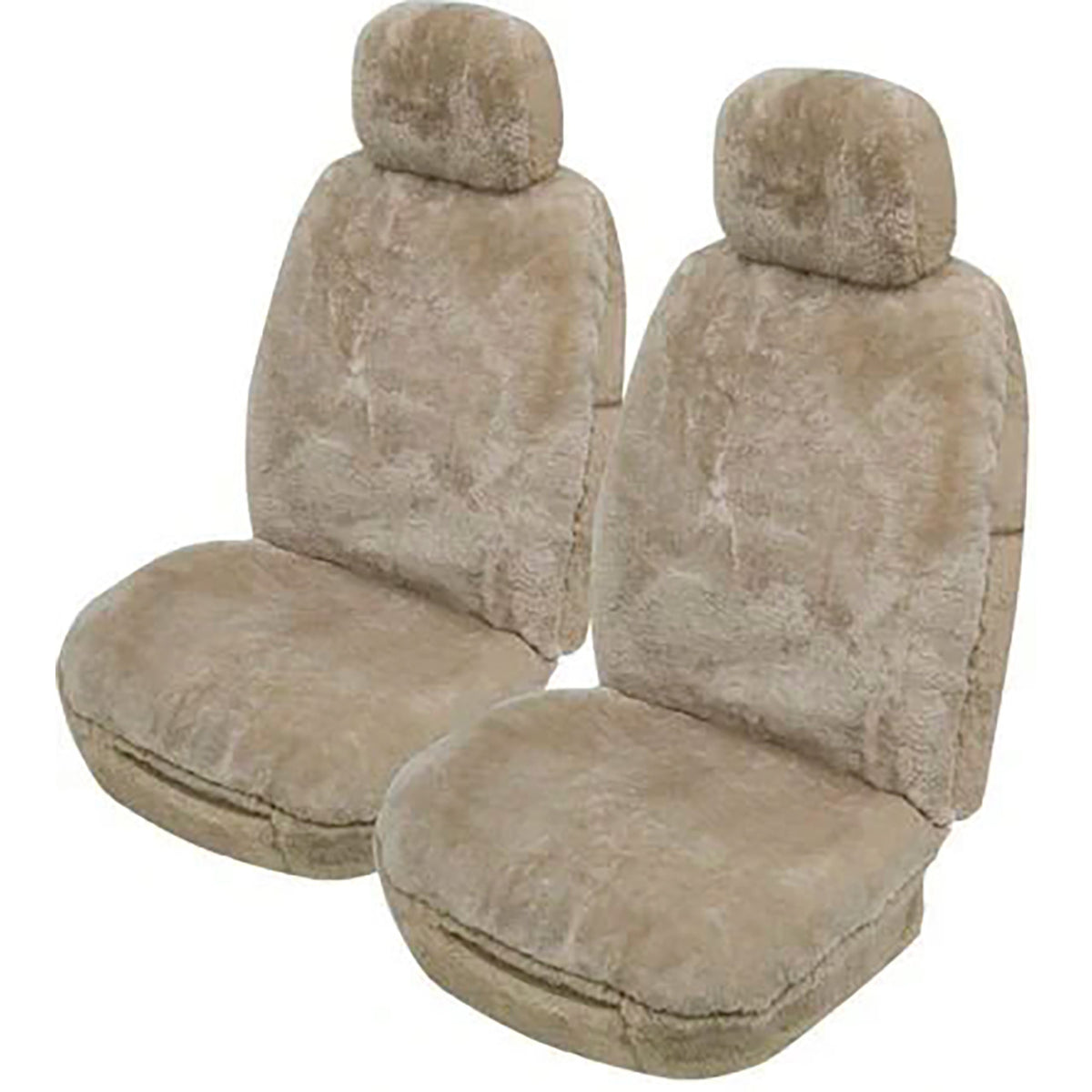 A pair of plush, fuzzy car seat covers in a light taupe-beige color, shown against a plain white background.