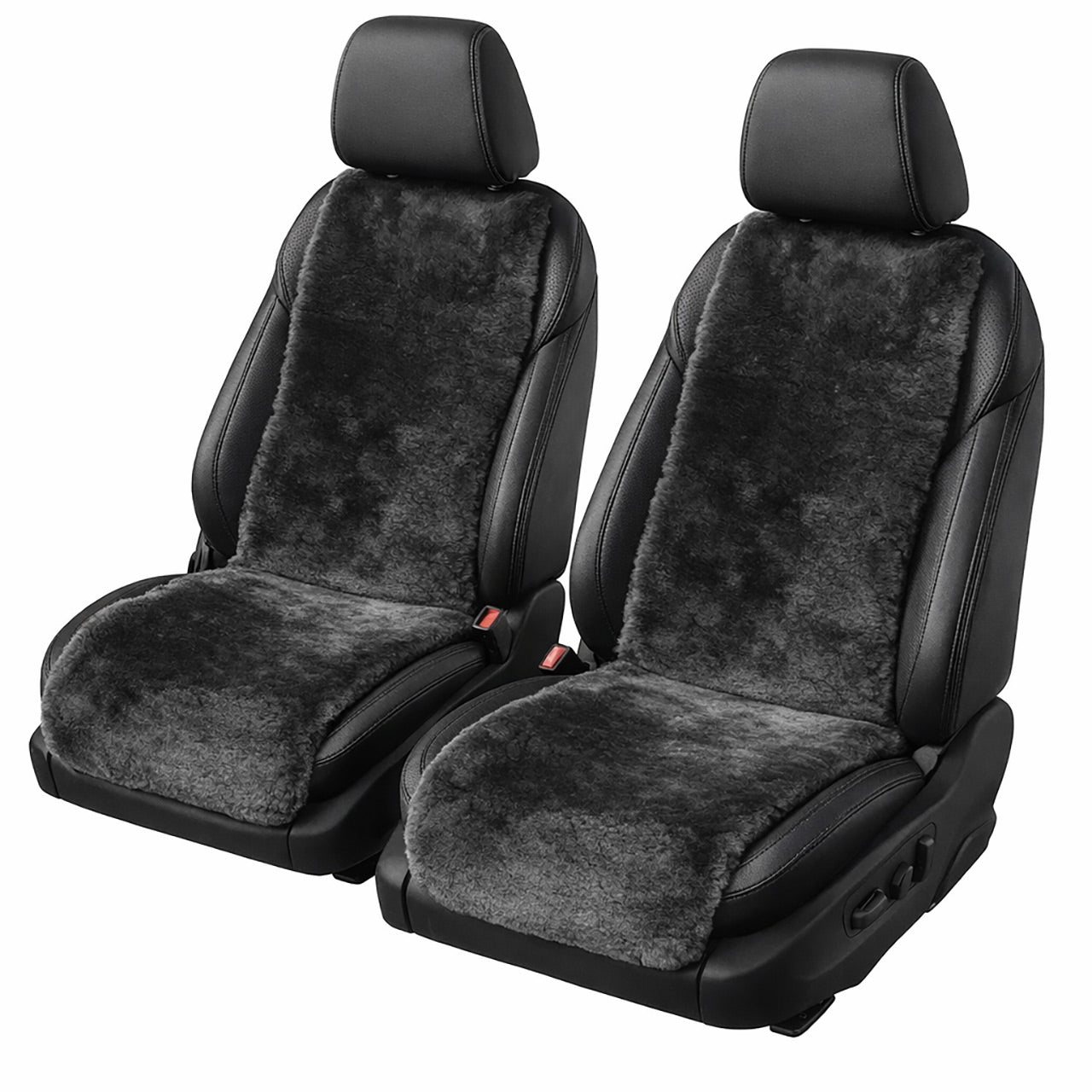 A pair of black sheepskin car seat covers insert on a car seat, shown on a white background.