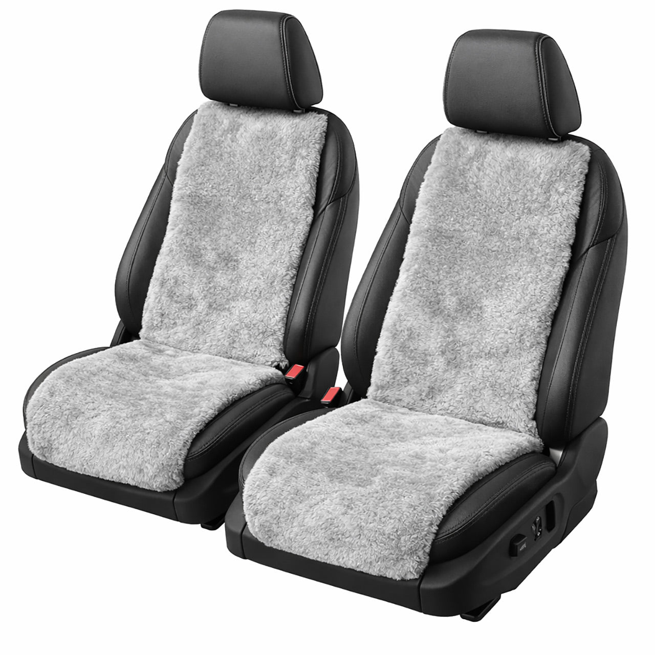 A pair of grey sheepskin car seat covers insert on a car seat, shown on a white background.