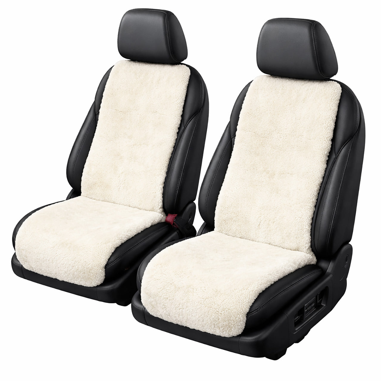 A pair of ivory sheepskin car seat covers insert on a car seat, shown on a white background.