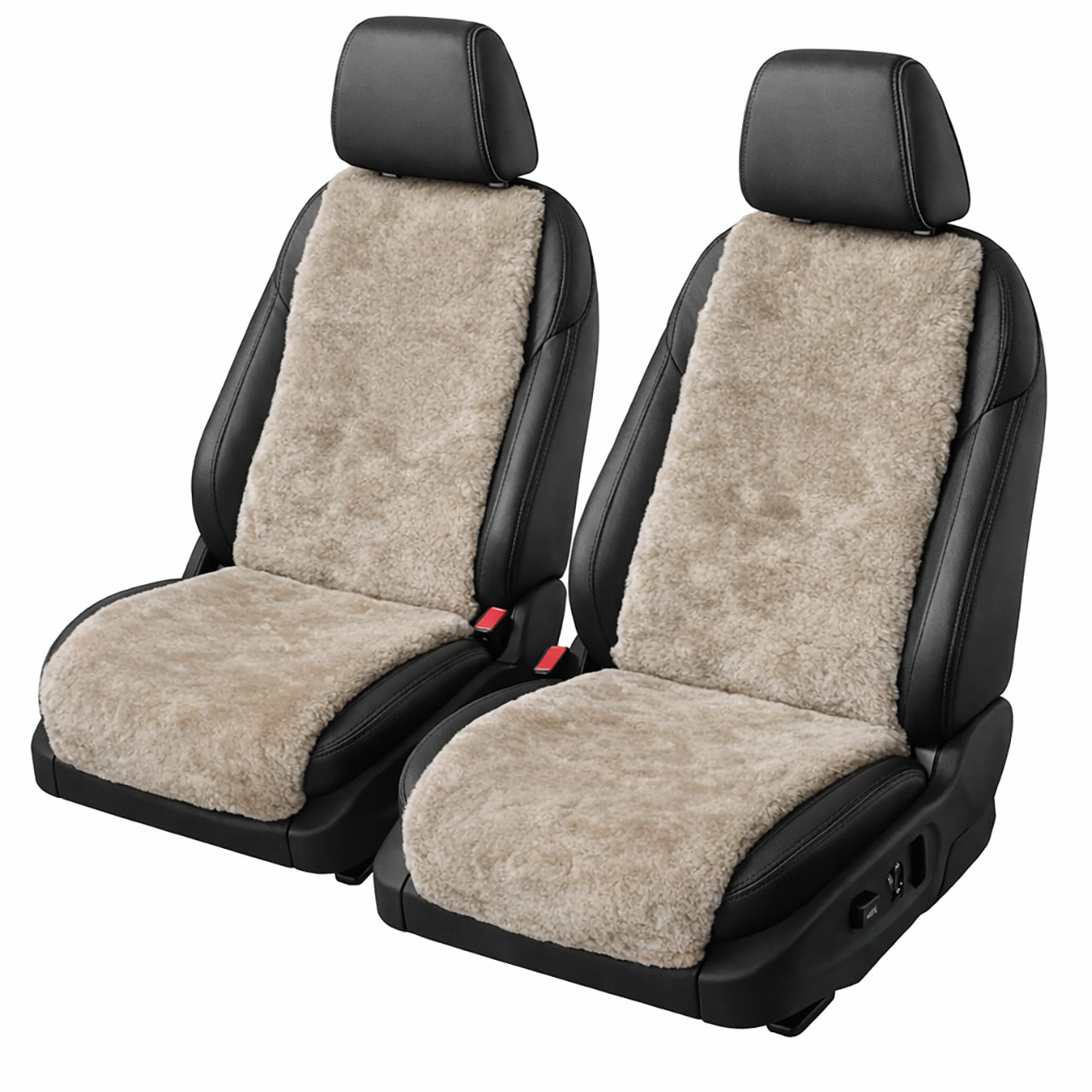 A pair of mocha sheepskin car seat covers insert on a car seat, shown on a white background.