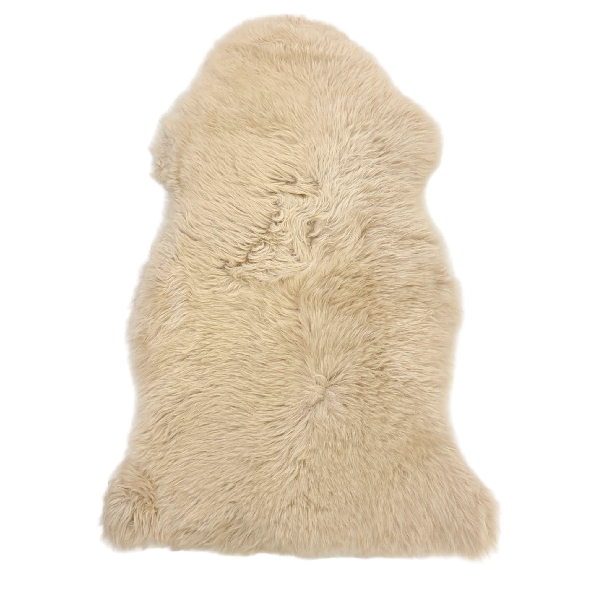Cream sheepskin rug with natural wool pile viewed from above on white background. - Yellow Earth Australia