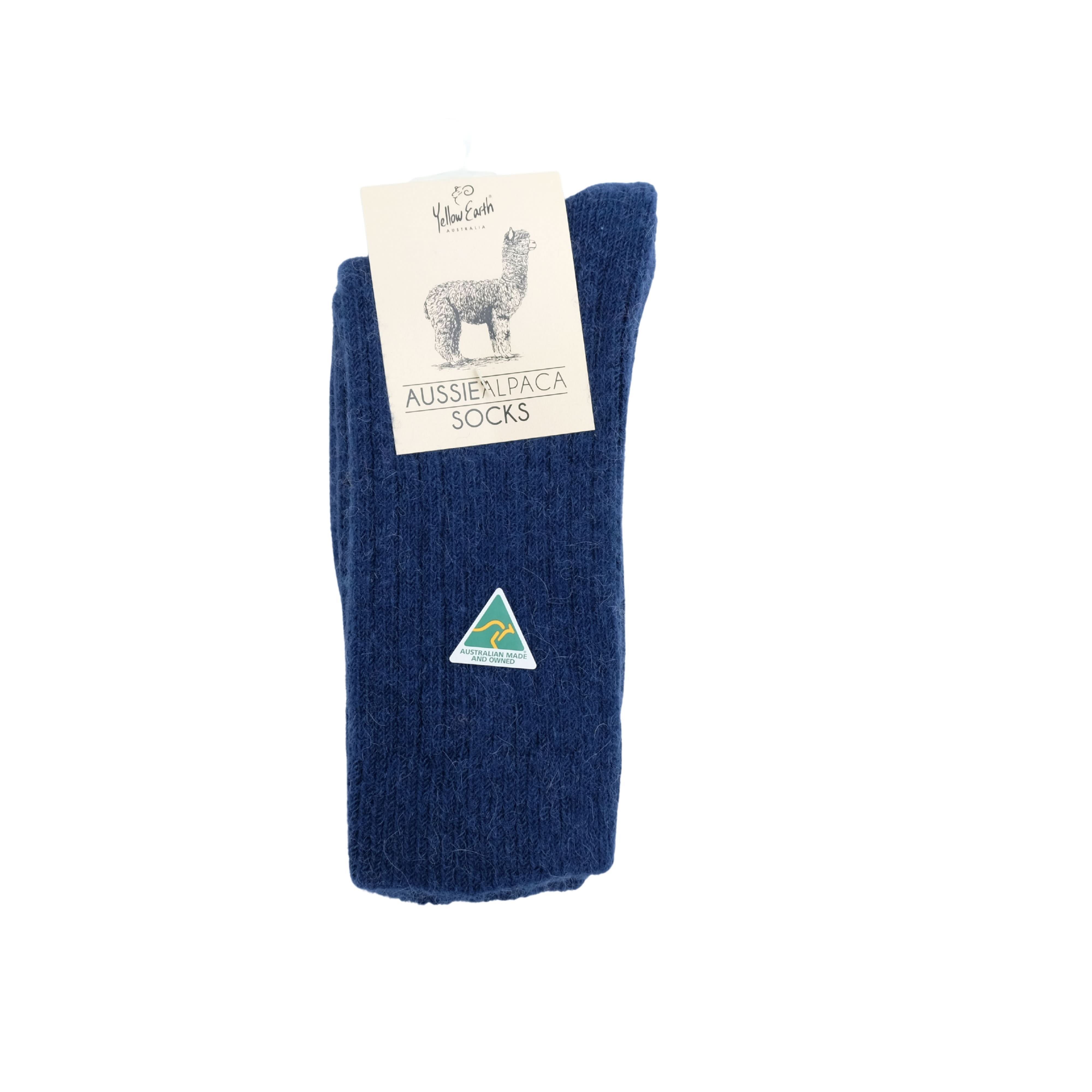 Navy alpaca wool socks displayed flat showing ribbed knit texture and triangular Australian made... - Yellow Earth Australia