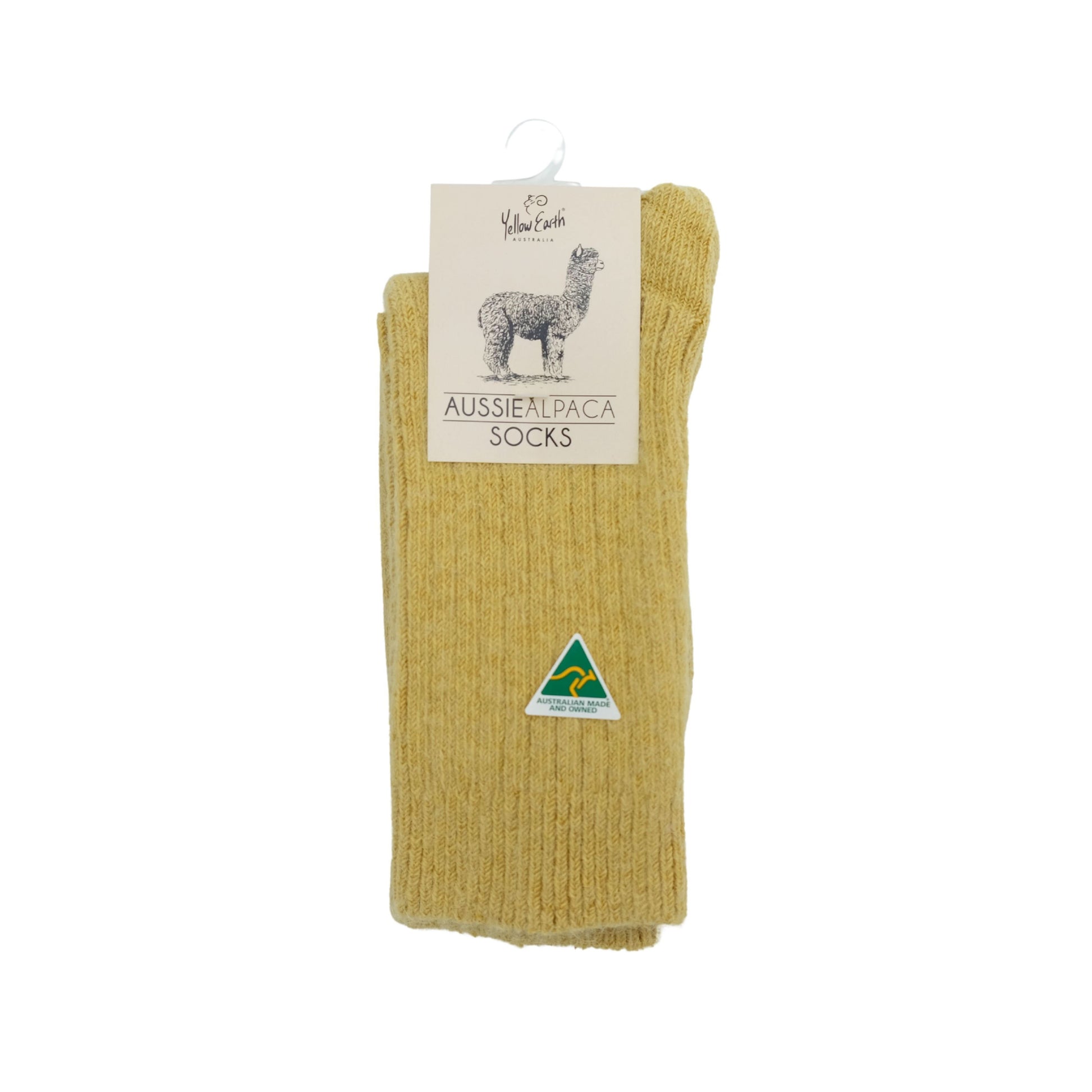 Yellow alpaca wool socks displayed on hanger showing ribbed knit texture and front label. - Yellow Earth Australia