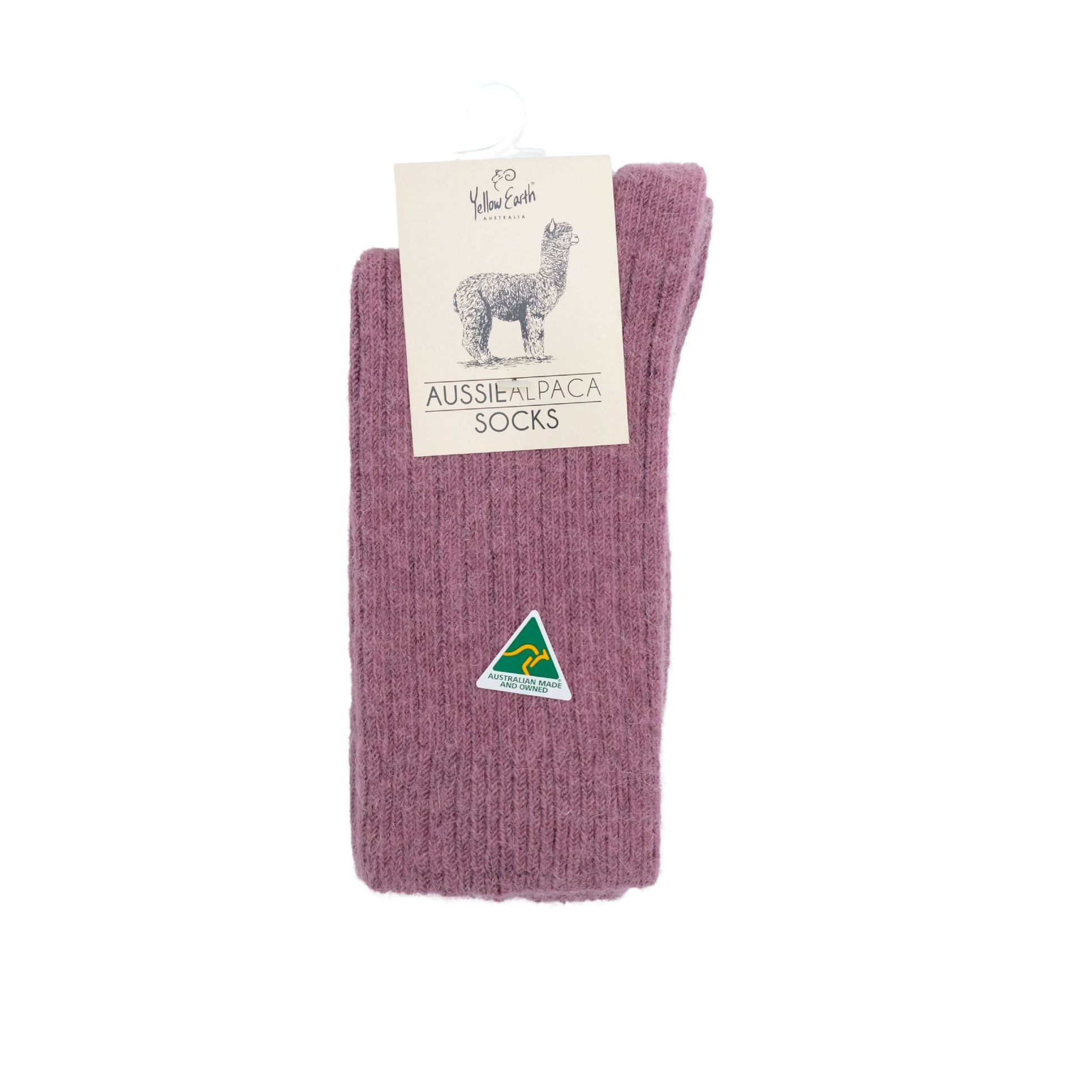 Mauve alpaca wool socks rolled and displayed with product tag showing animal illustration. - Yellow Earth Australia