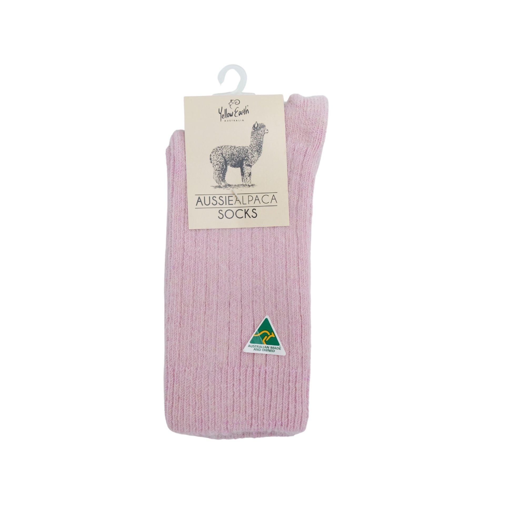 Pink alpaca wool ribbed socks displayed on hanger against white background. - Yellow Earth Australia