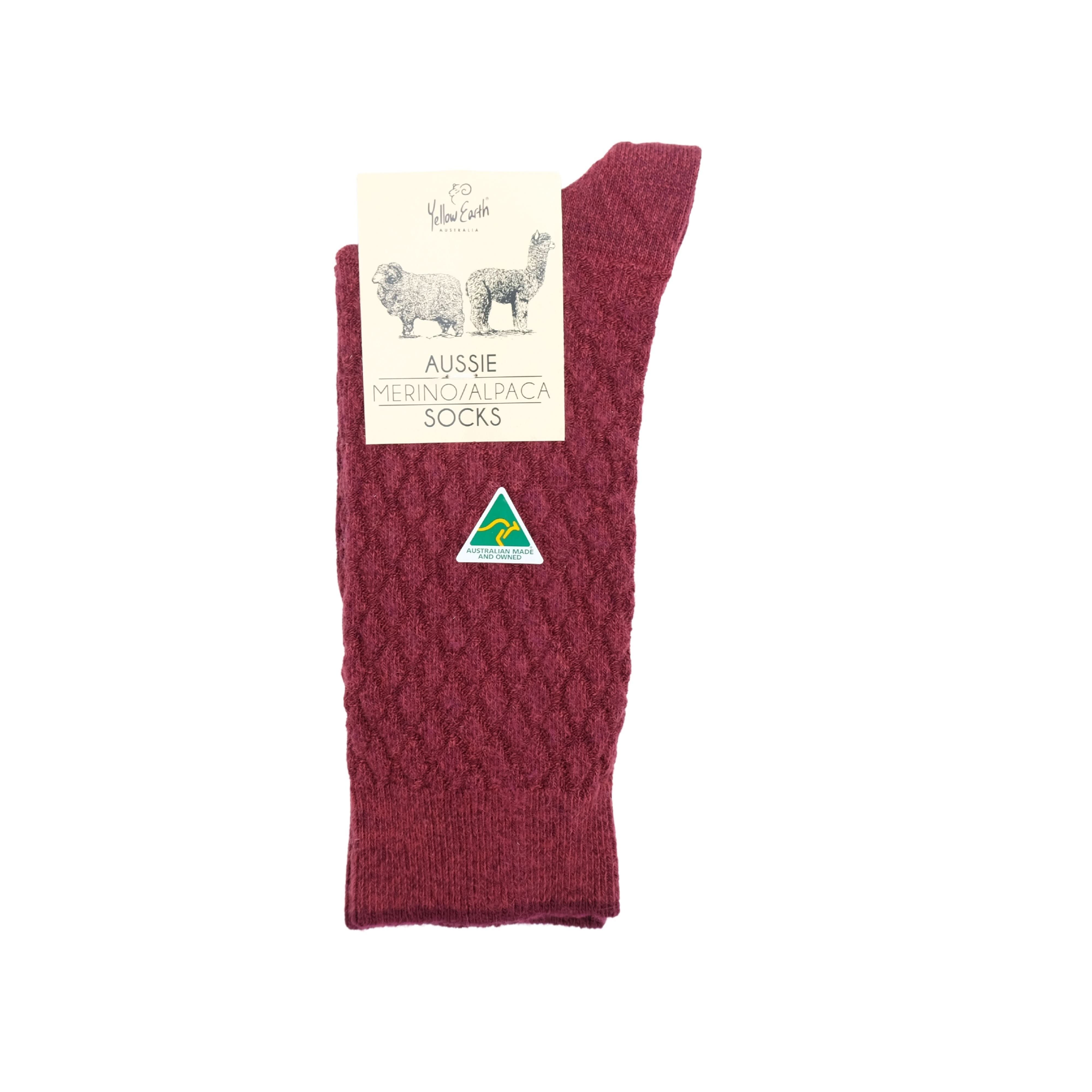 Burgundy merino and alpaca wool socks displayed flat with product label visible. - Yellow Earth Australia