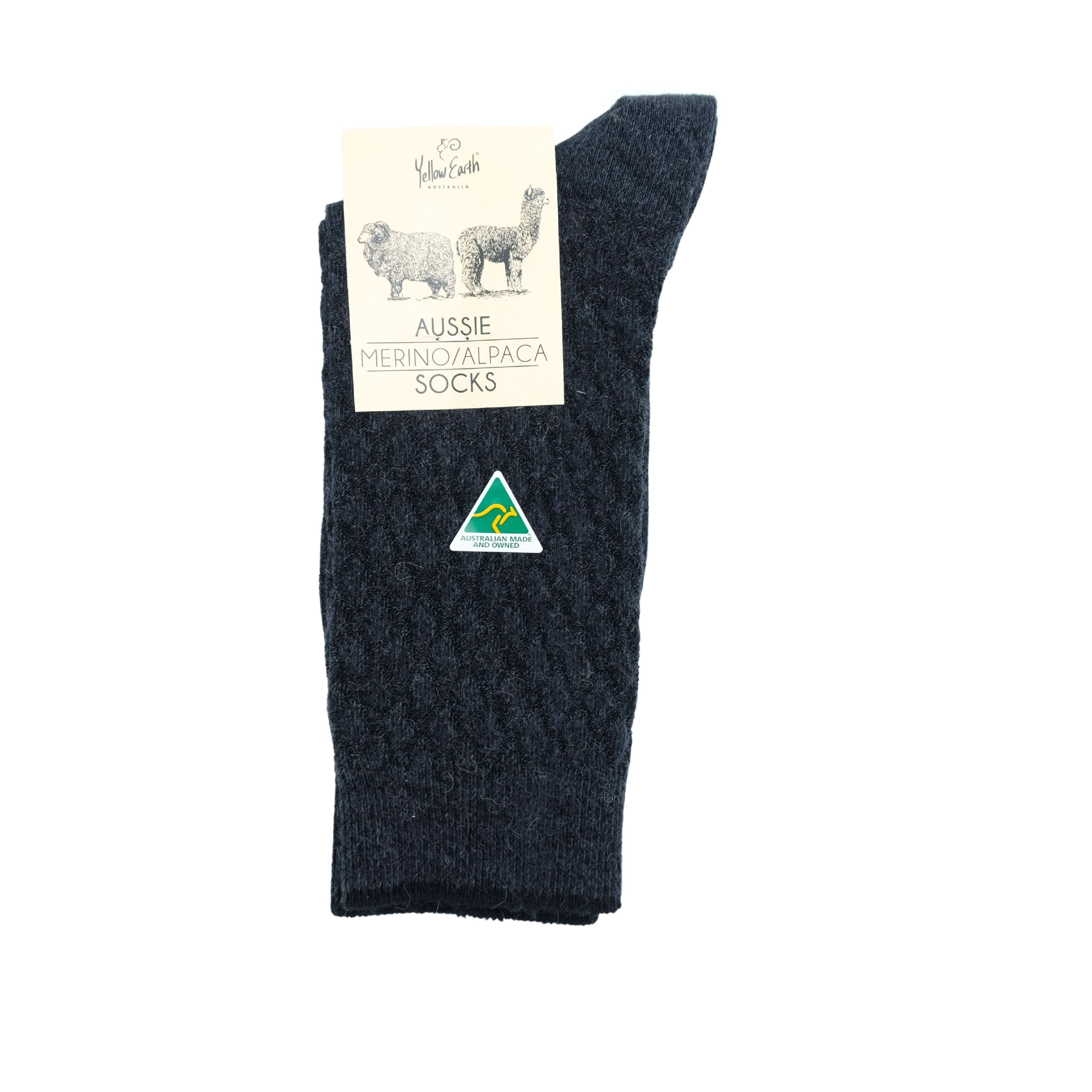 Dark charcoal merino wool and alpaca blend socks displayed flat against white background. - Yellow Earth Australia