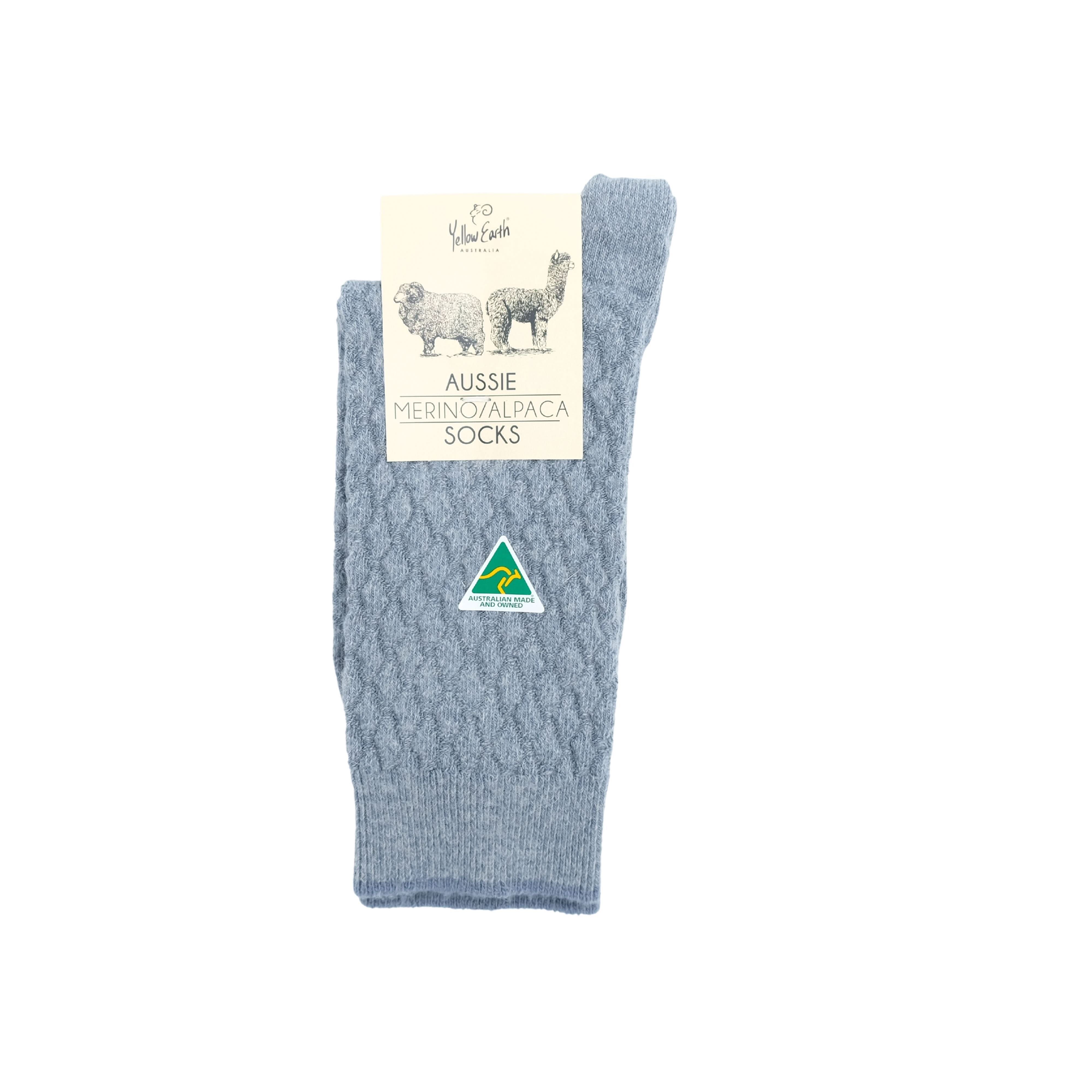 Grey merino alpaca blend socks displayed flat with product label visible. - Yellow Earth Australia