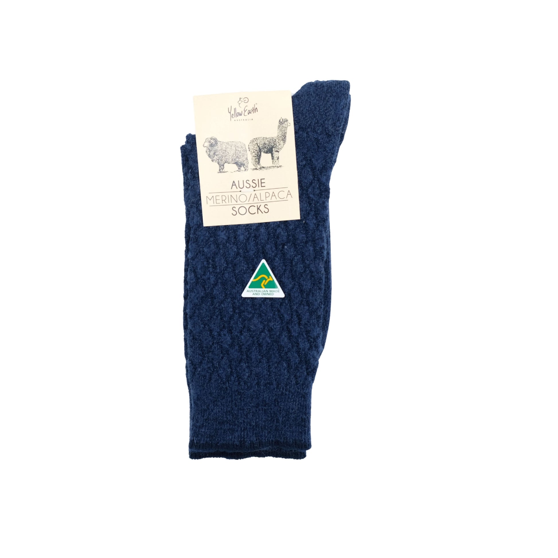 Navy merino and alpaca wool socks displayed flat with product label visible. - Yellow Earth Australia