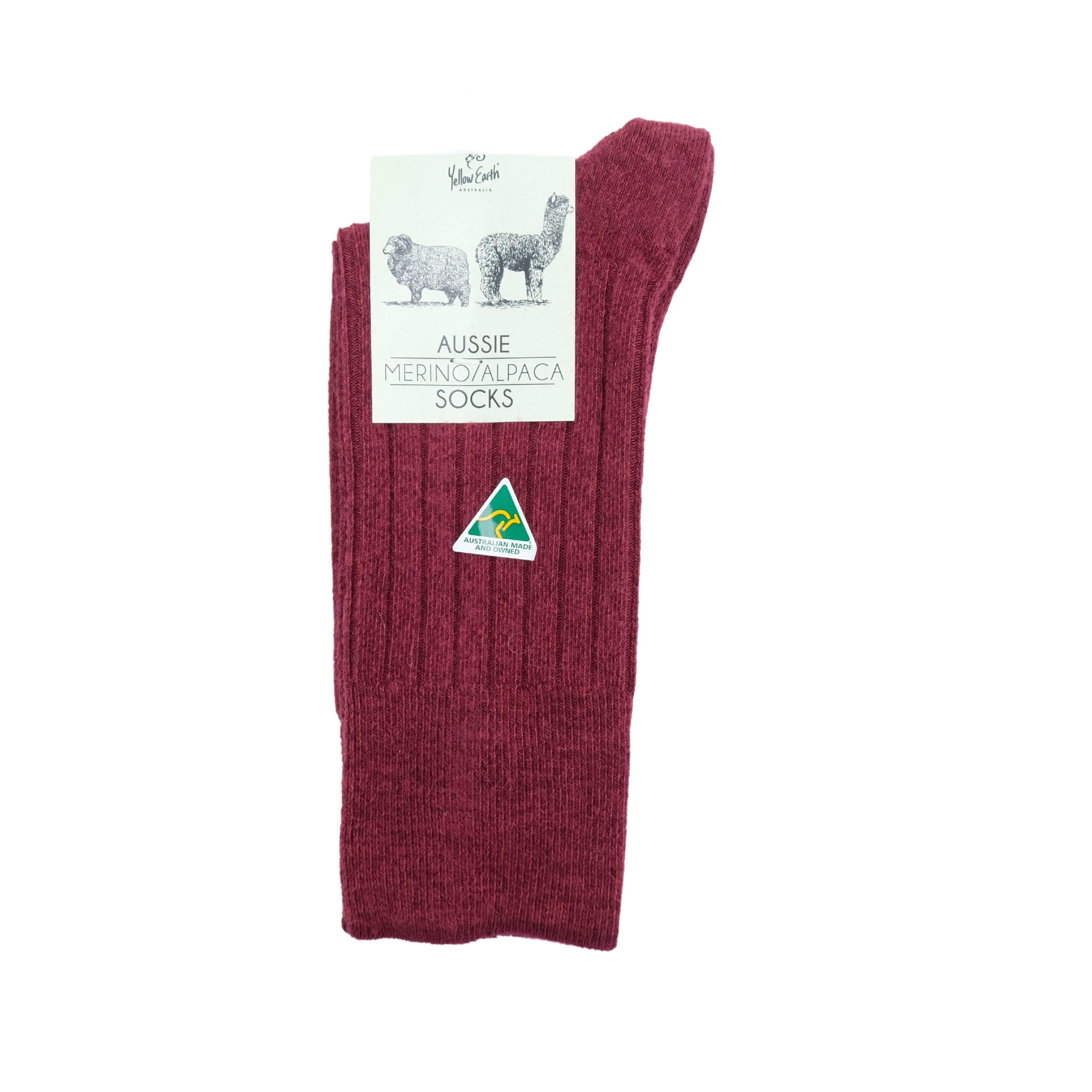 Burgundy merino wool alpaca blend socks displayed flat on white background. - Yellow Earth Australia
