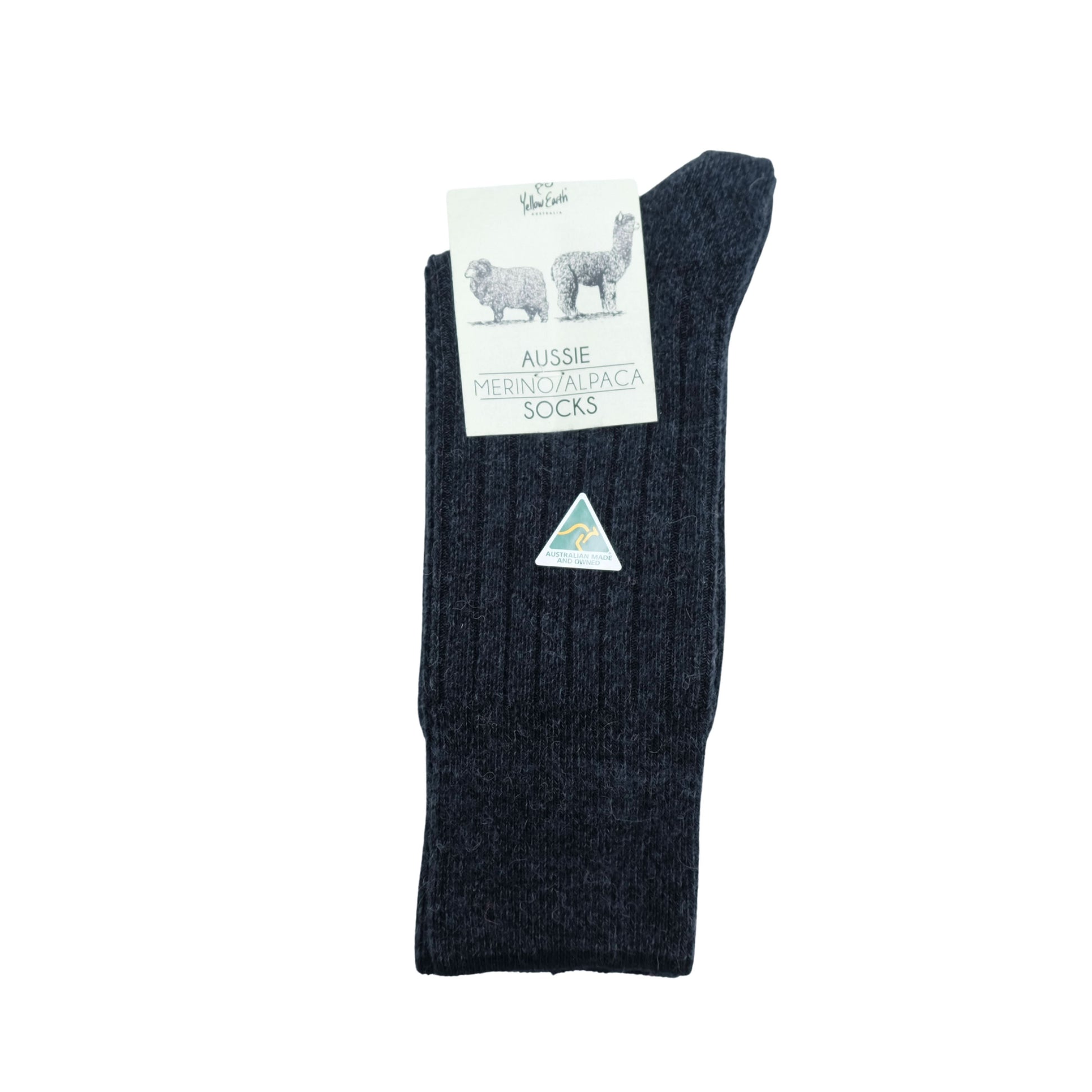 Dark grey merino alpaca blend socks displayed flat with product label visible. - Yellow Earth Australia