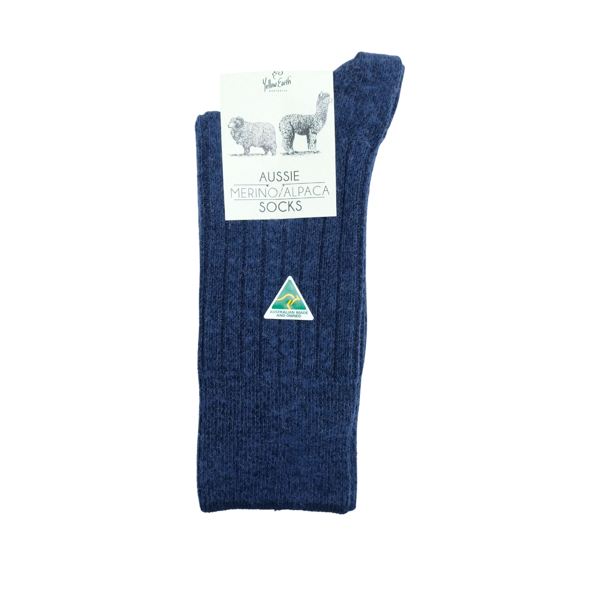 Dark blue merino wool alpaca blend socks displayed flat on white background. - Yellow Earth Australia