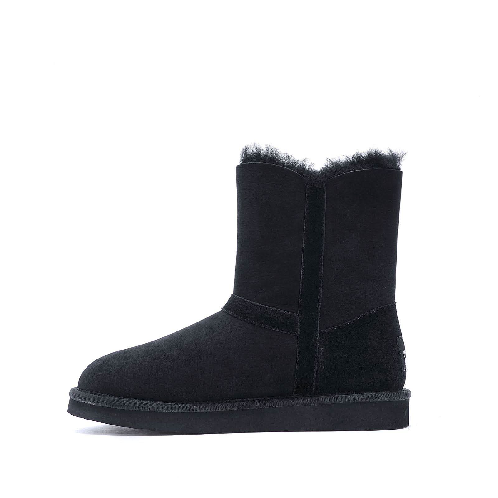 Black sheepskin short boot with fluffy wool lining, side view. - Yellow Earth Australia