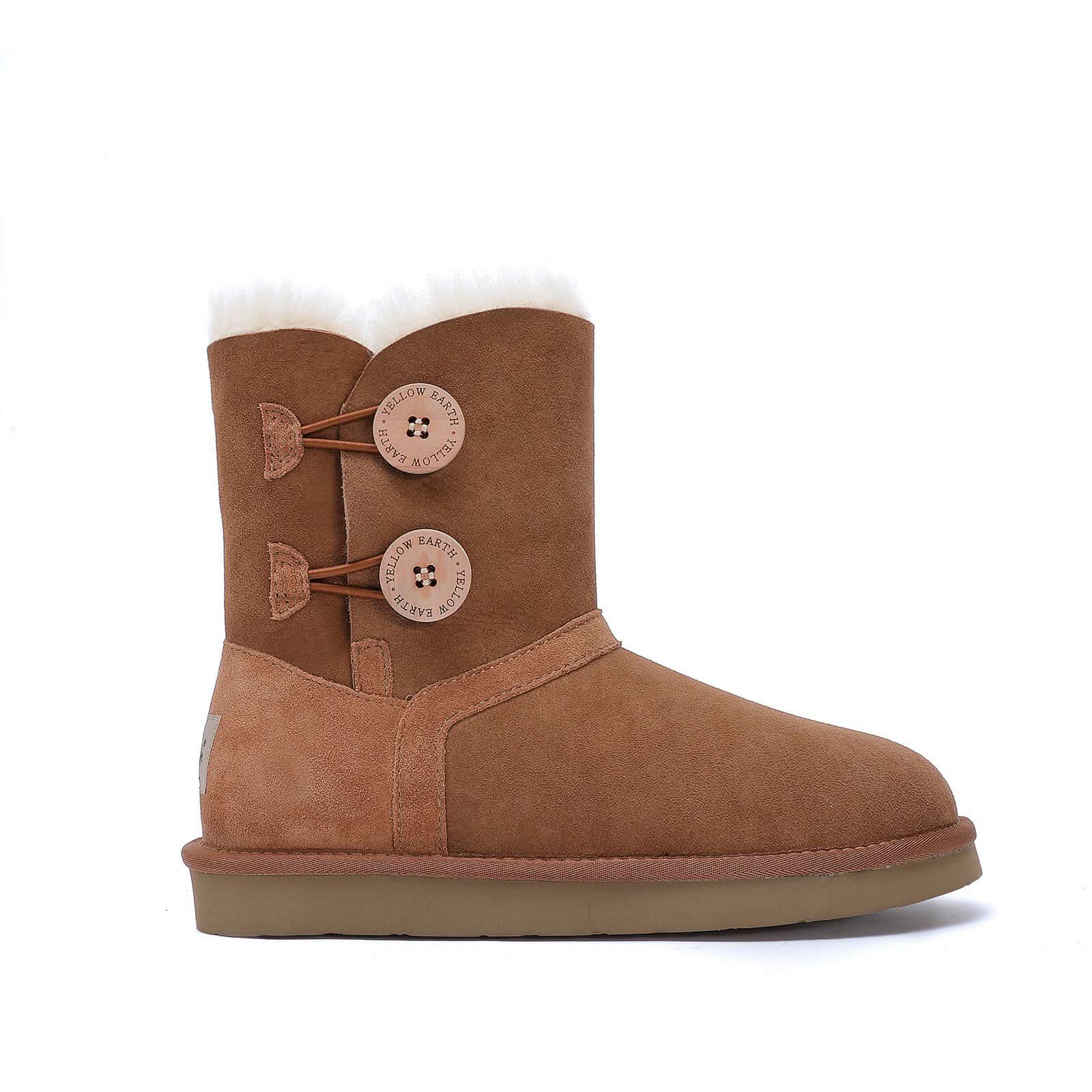 Chestnut sheepskin boot with fluffy wool collar and decorative button closures, side view. - Yellow Earth Australia