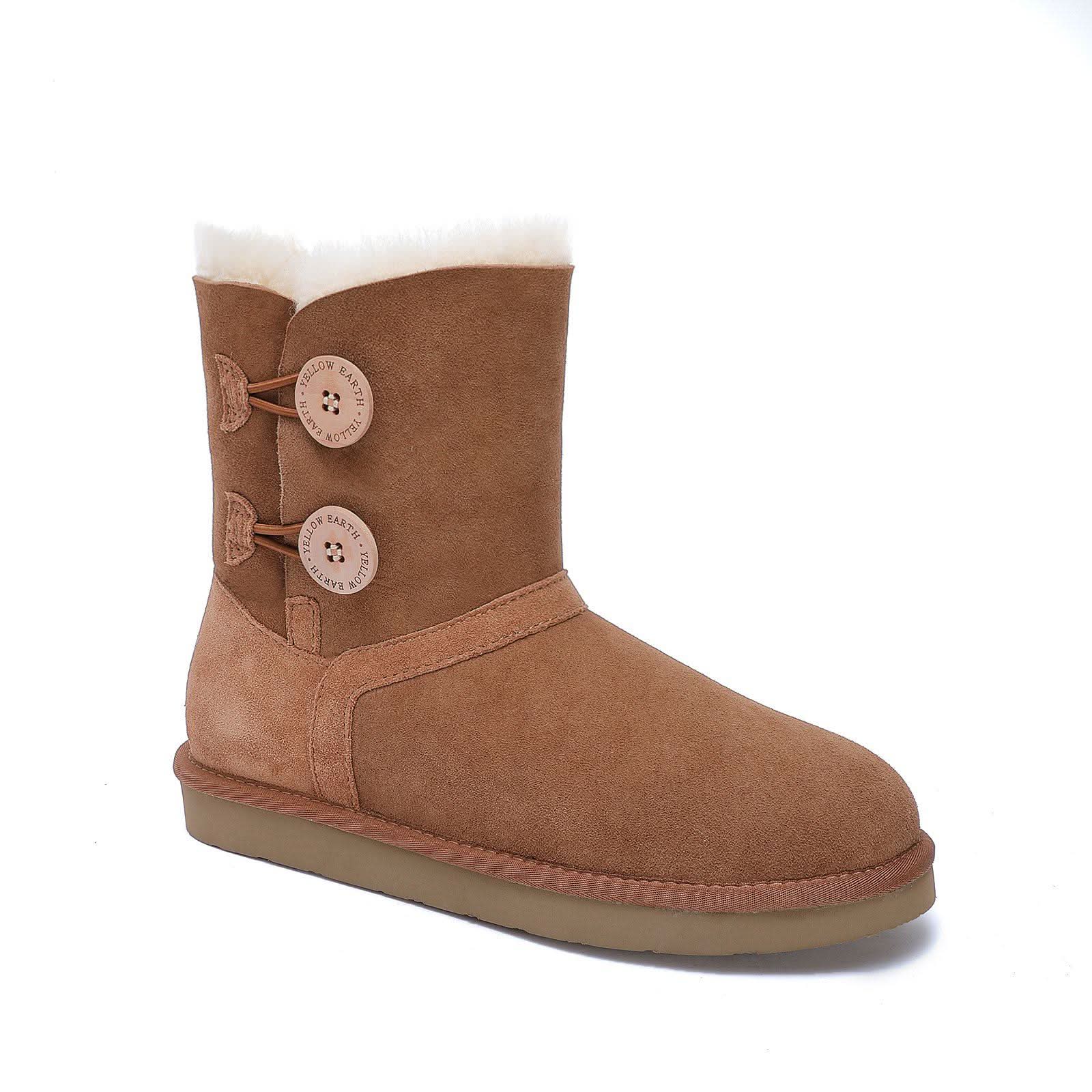 Chestnut suede sheepskin boot with button detail and fleece lining, side view. - Yellow Earth Australia