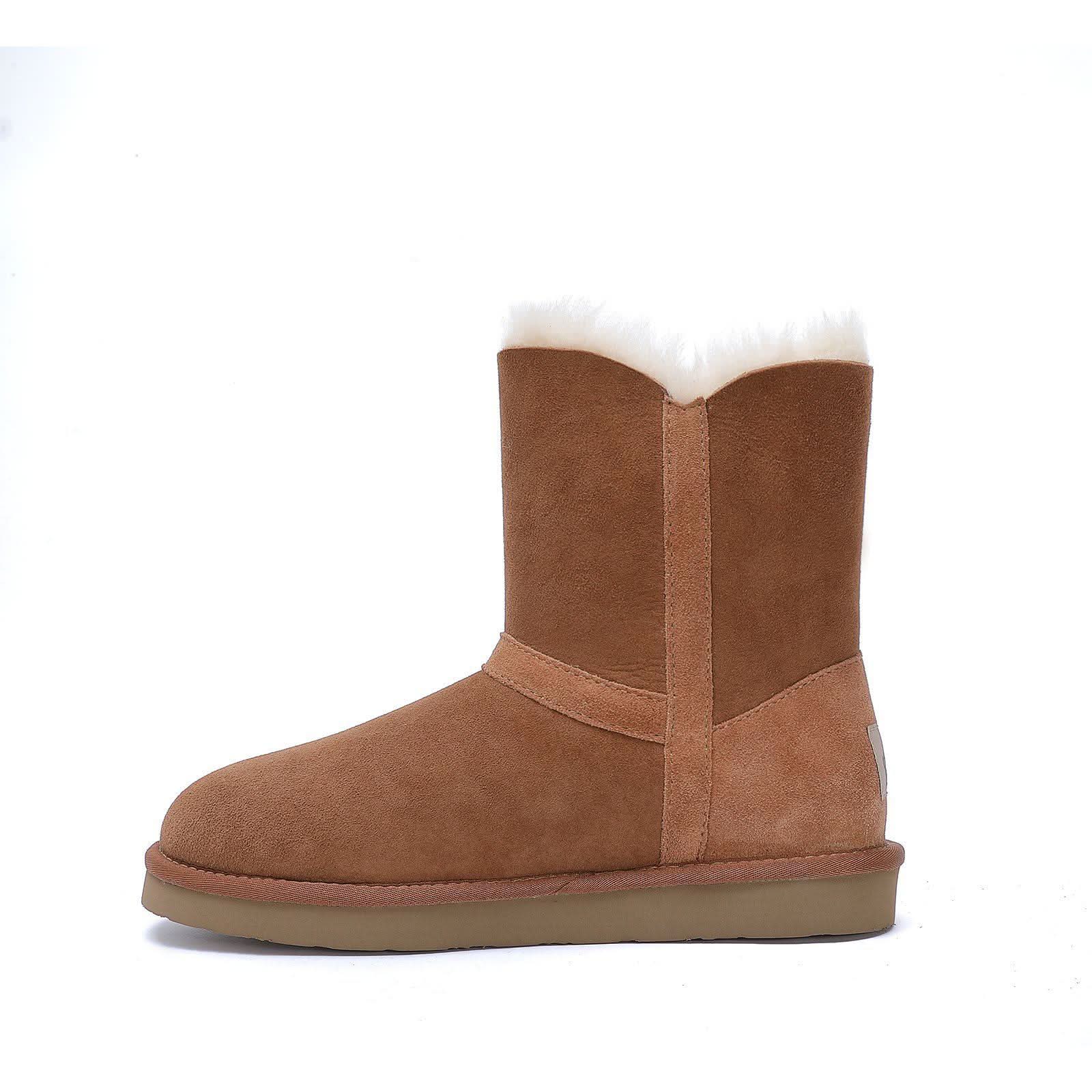 Chestnut sheepskin boot with white wool cuff, side view. - Yellow Earth Australia