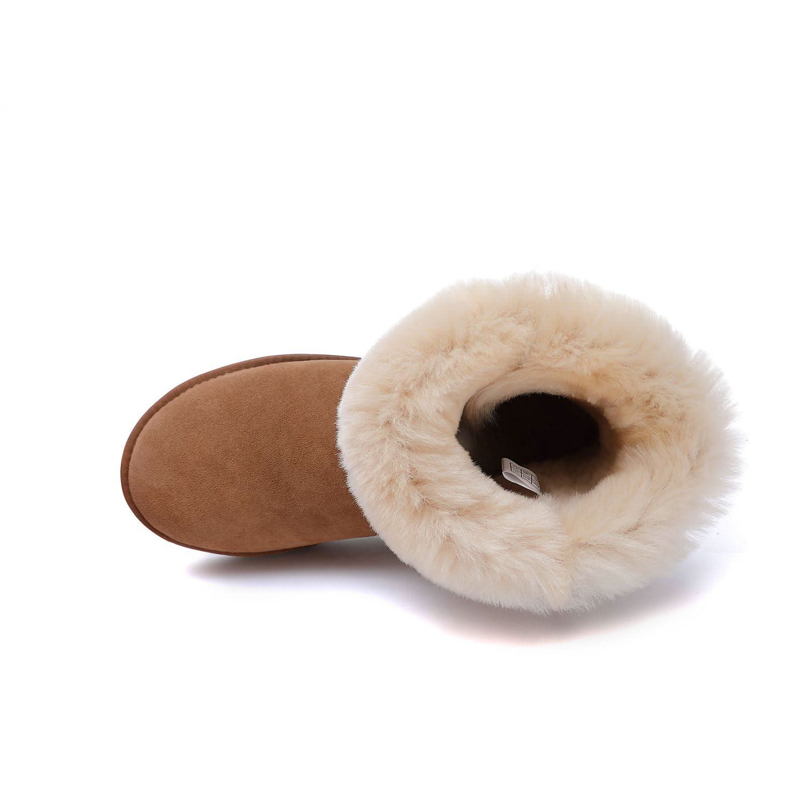 Tan sheepskin boot with cream wool lining, top-down view on white background. - Yellow Earth Australia