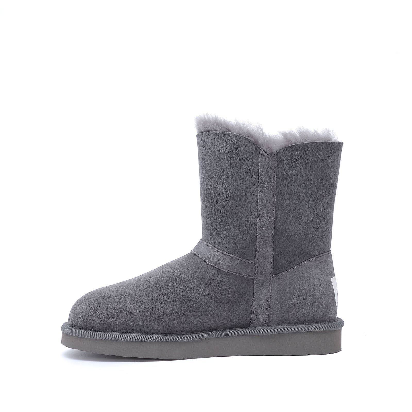 Grey sheepskin boot with fluffy wool lining, side view. - Yellow Earth Australia