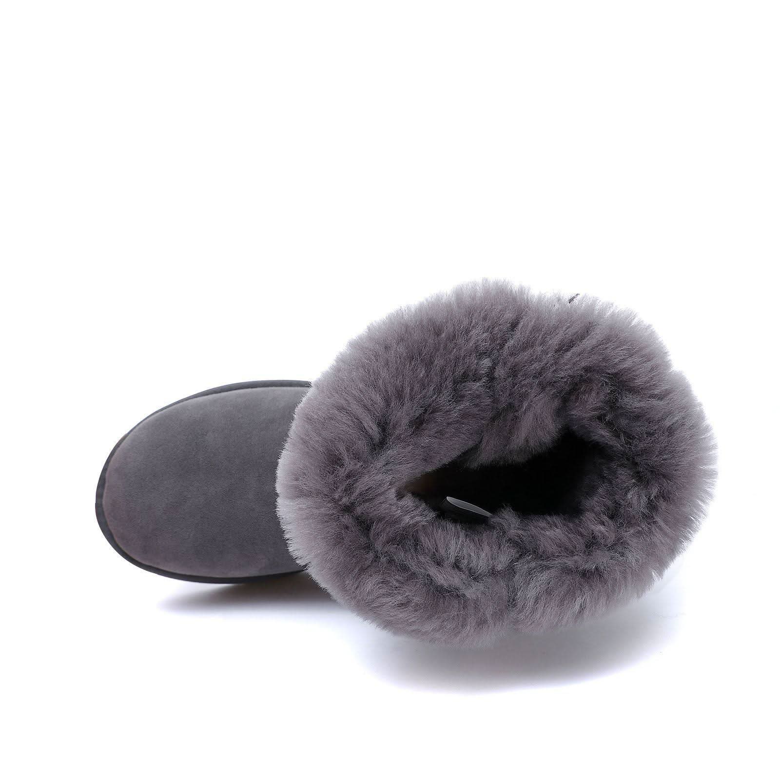 Grey sheepskin slipper with fluffy wool lining, top-down view. - Yellow Earth Australia