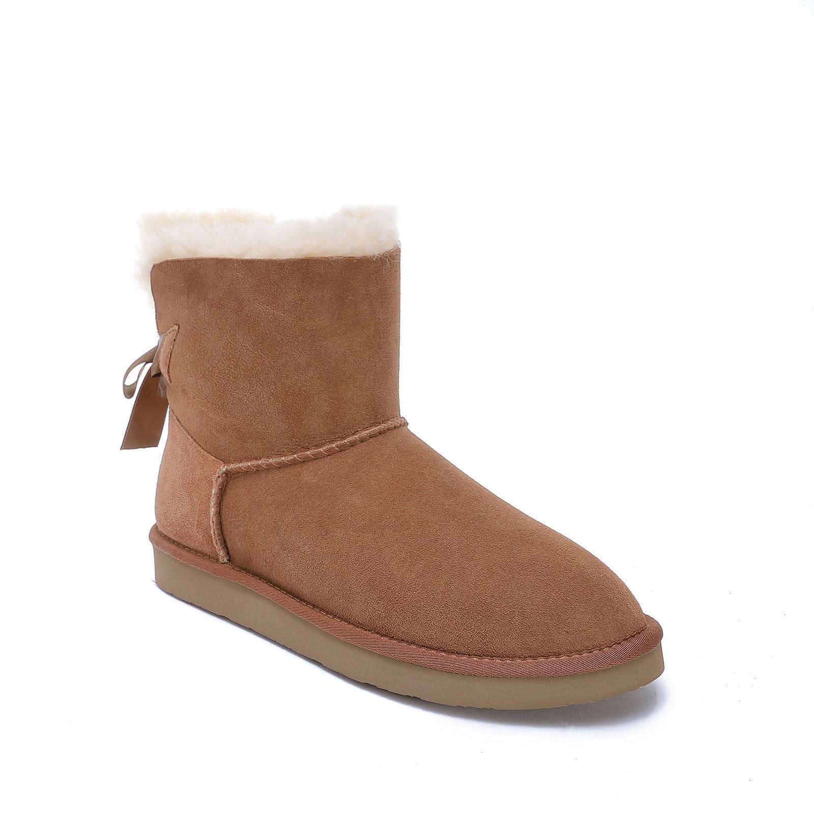 Chestnut suede sheepskin boot with fleece lining, side view. - Yellow Earth Australia
