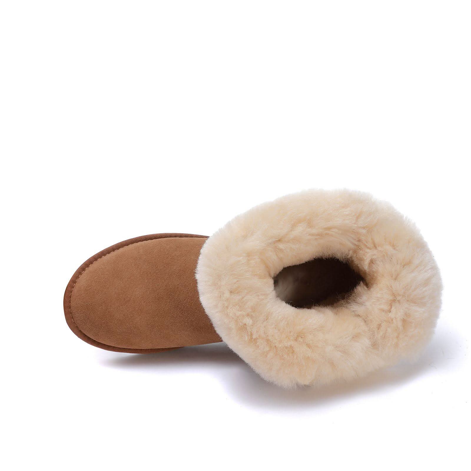 Tan suede slipper boot with cream sheepskin lining, side view. - Yellow Earth Australia