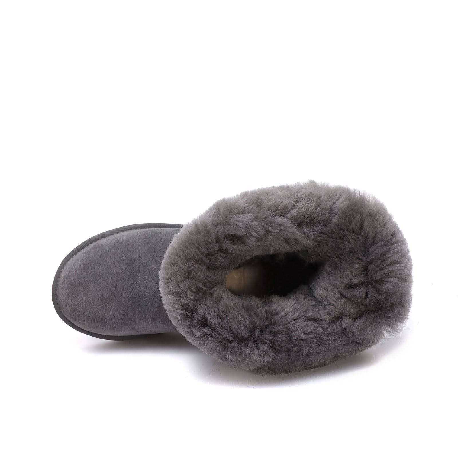 Grey sheepskin boot with fluffy wool lining, top view. - Yellow Earth Australia