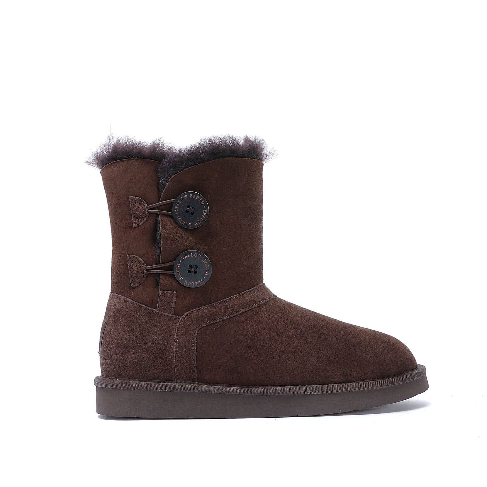 Brown suede sheepskin boot with fur trim and button details, side view. - Yellow Earth Australia