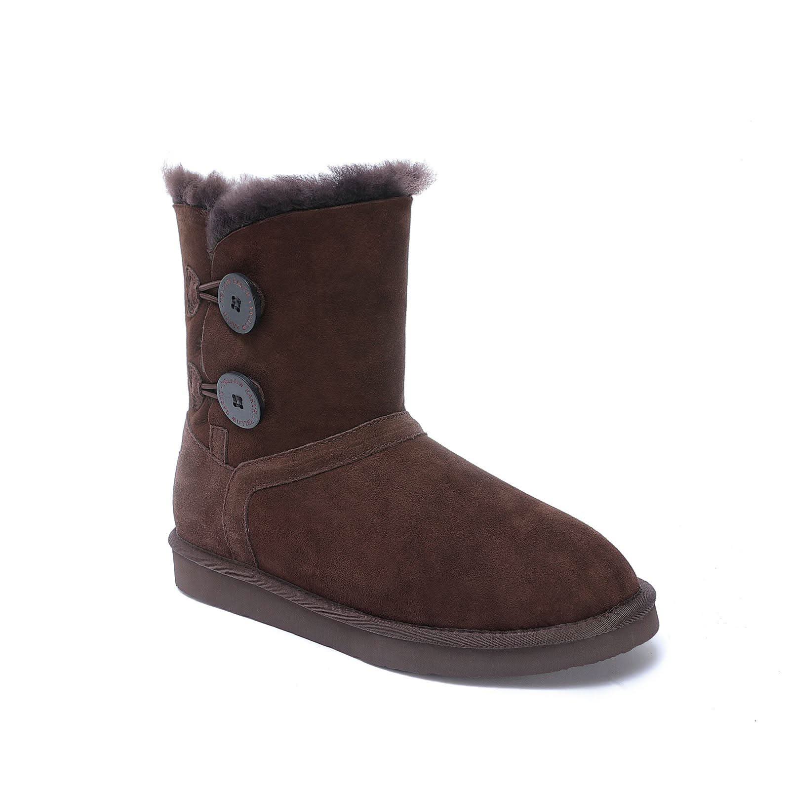 Brown sheepskin boot with button details and wool lining, side view. - Yellow Earth Australia