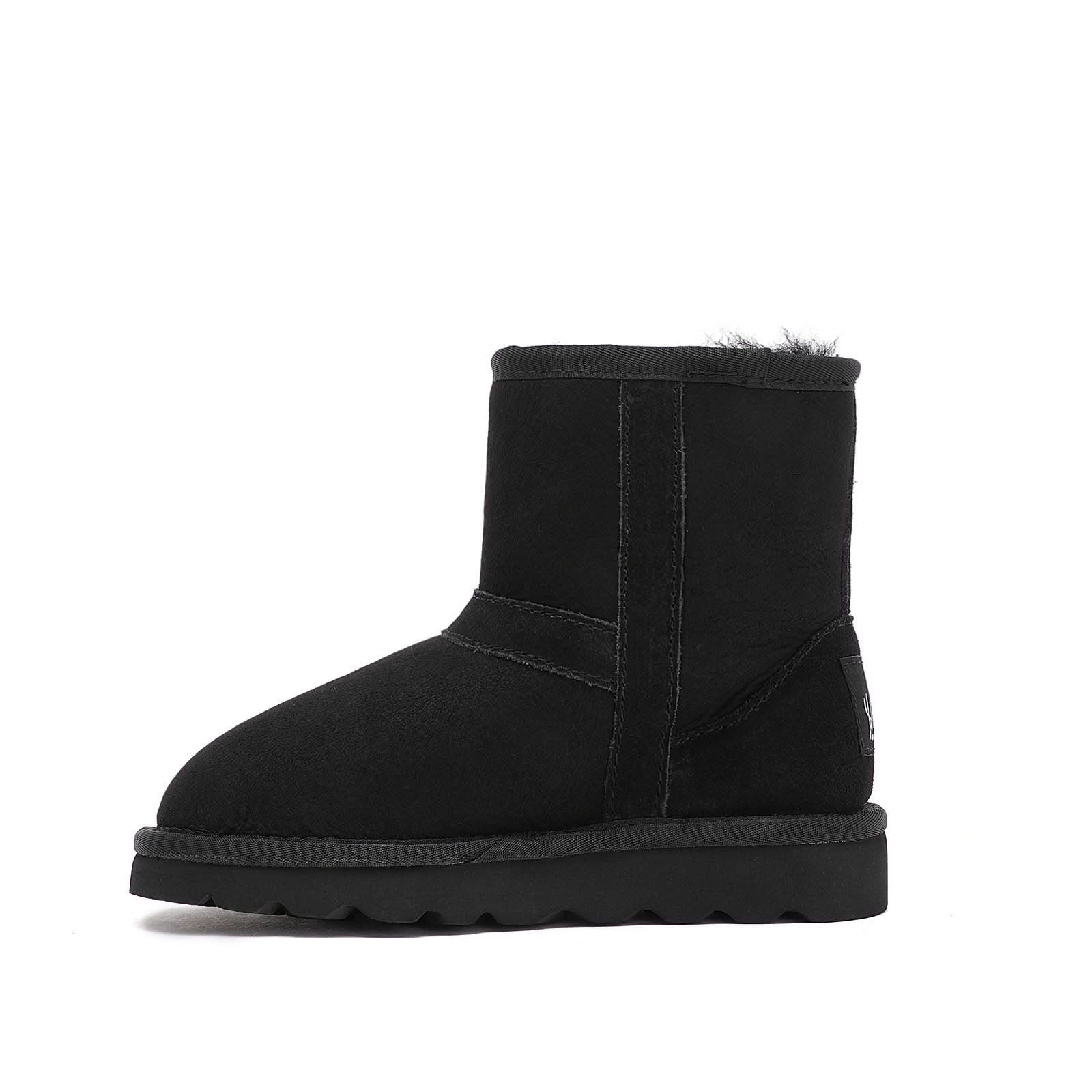 Black suede sheepskin short boot with wool lining, side view. - Yellow Earth Australia