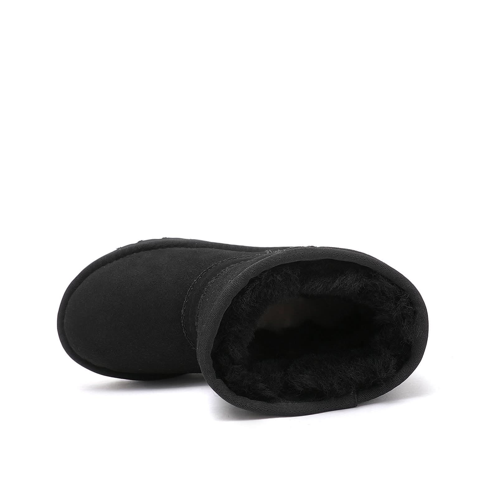 Black sheepskin wool lined short boot shown from above with interior fleece visible. - Yellow Earth Australia