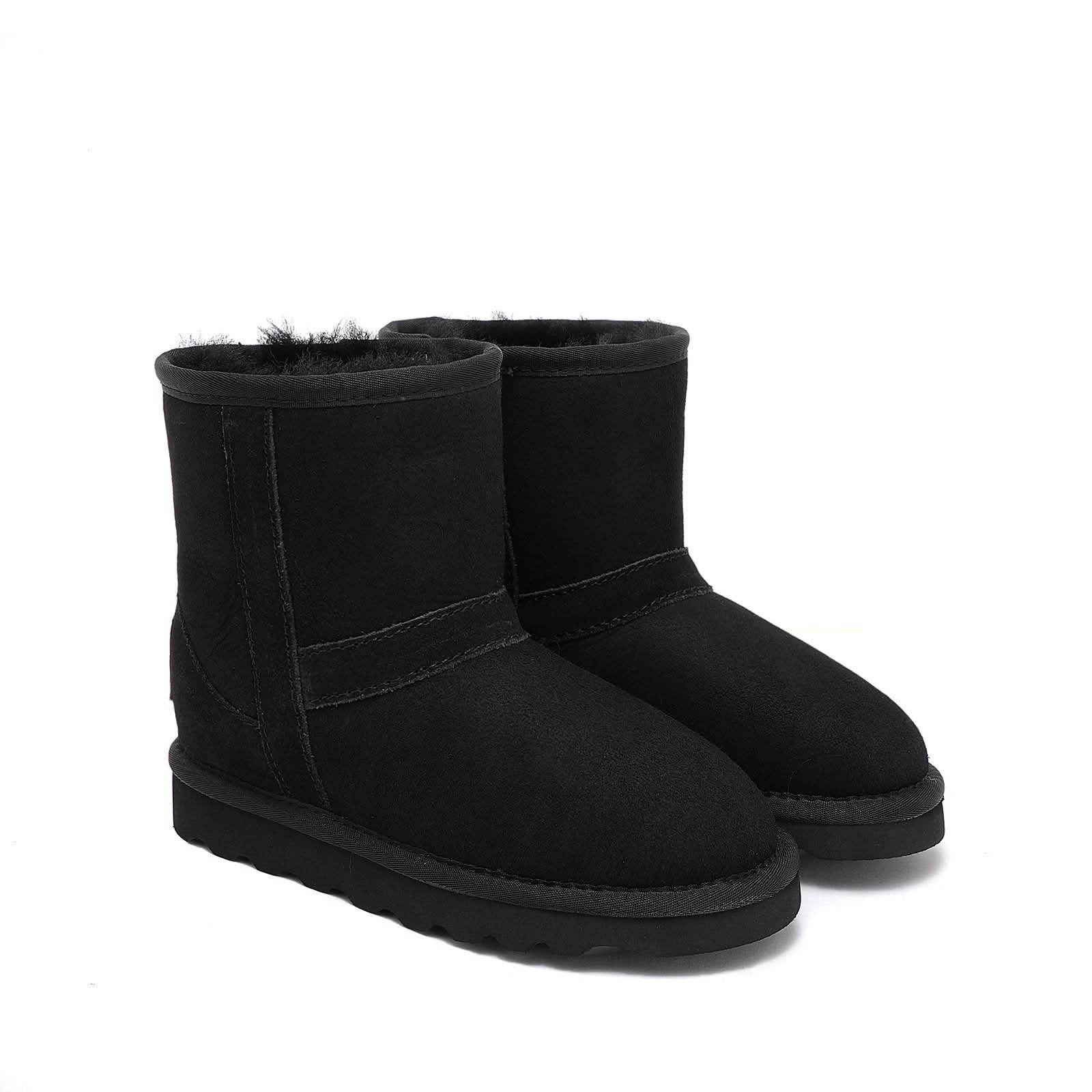Black suede sheepskin short boots with fluffy wool lining, front three-quarter view. - Yellow Earth Australia