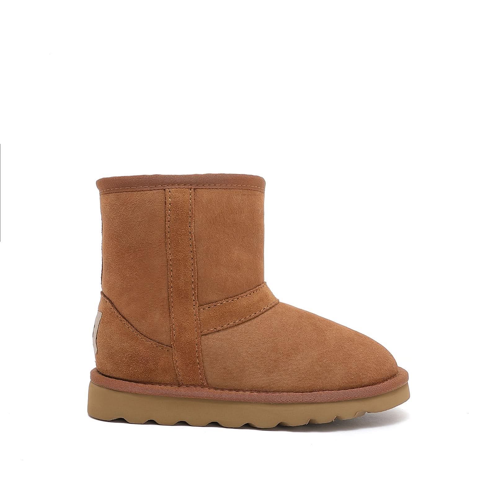 Chestnut suede sheepskin short boot side view with wool lining. - Yellow Earth Australia