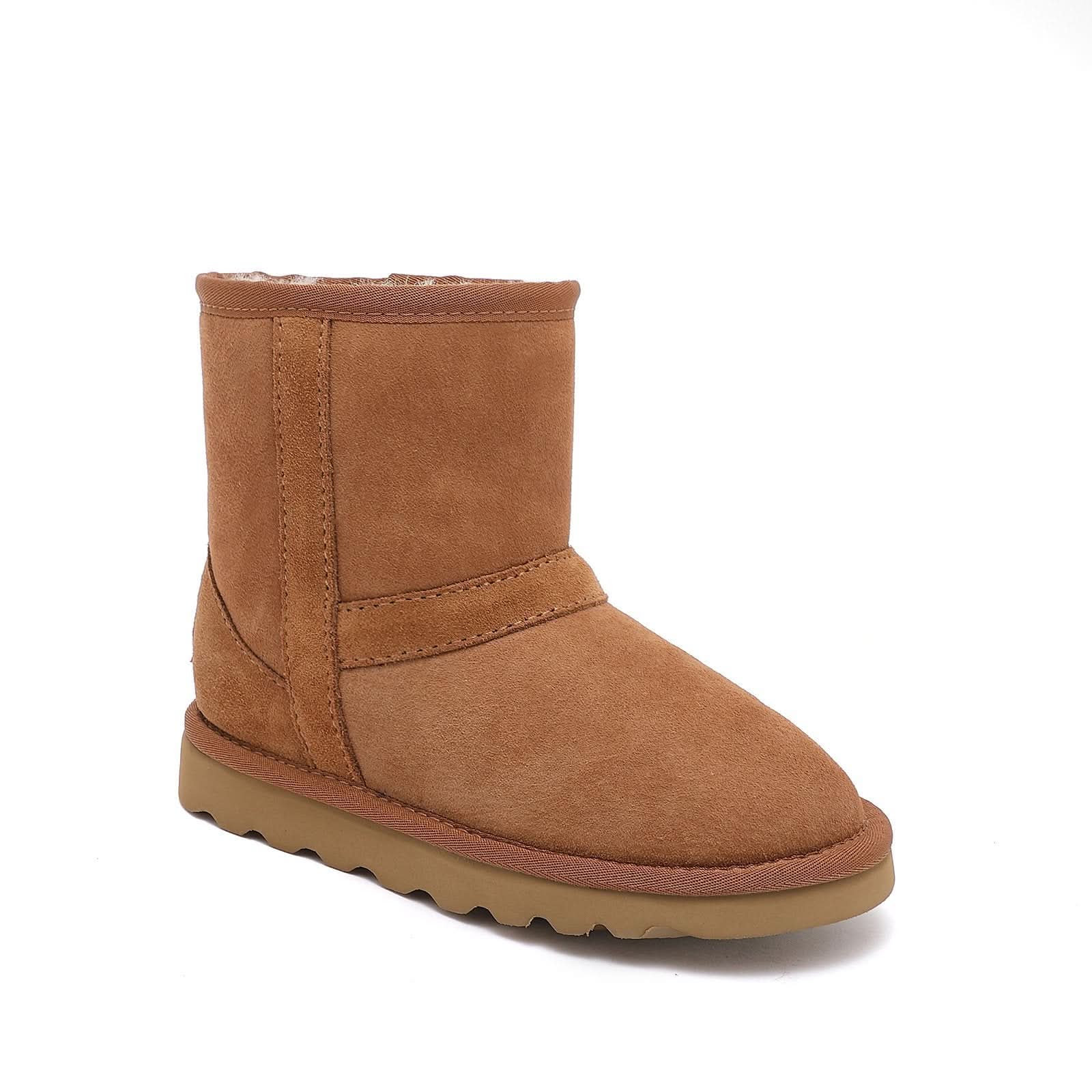 Chestnut suede sheepskin short boot shown from the side angle. - Yellow Earth Australia