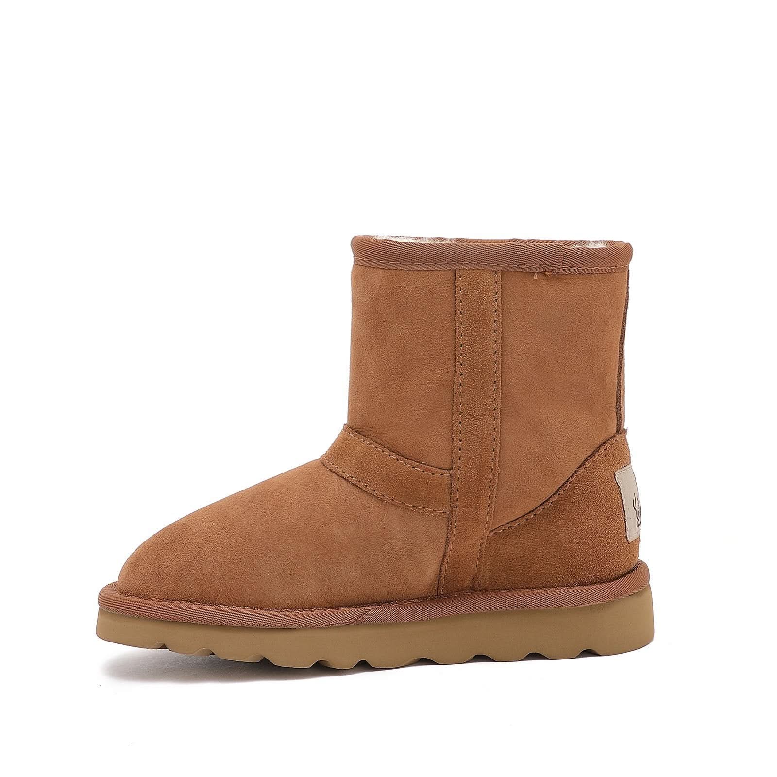 Tan suede sheepskin boot with wool lining, side view on white background. - Yellow Earth Australia