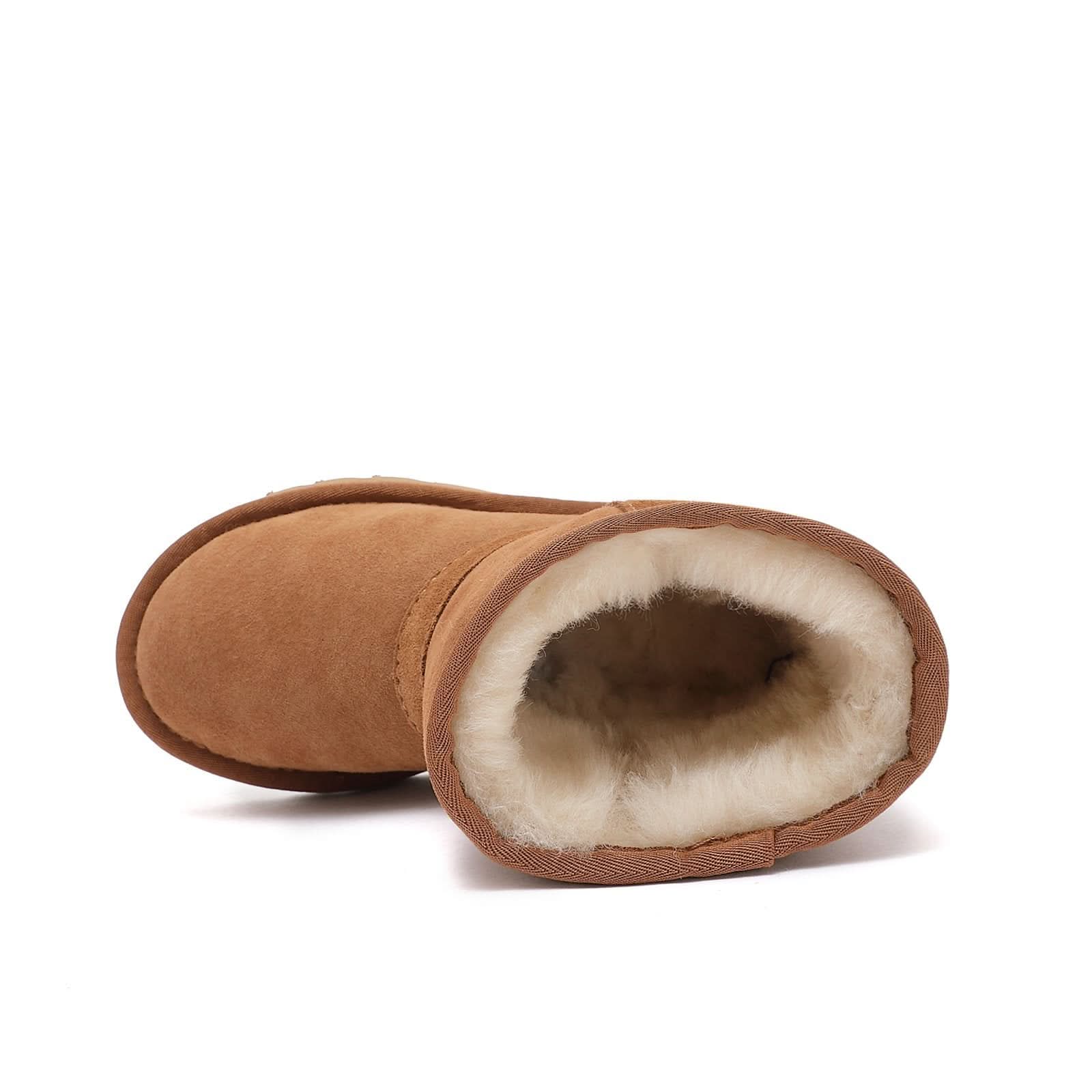 Chestnut sheepskin boot with soft wool lining, shown from side angle. - Yellow Earth Australia