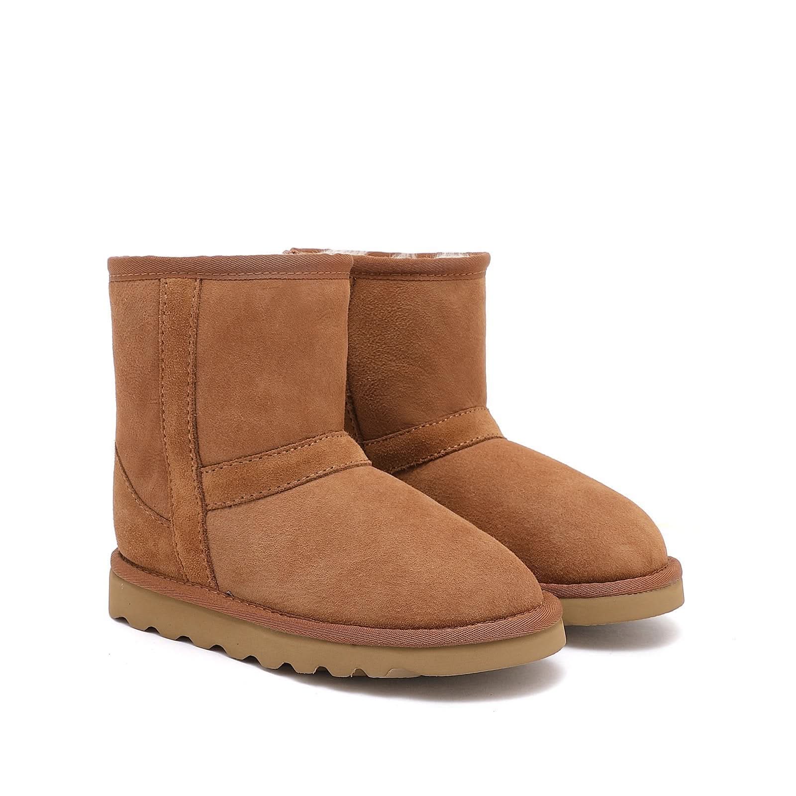 Chestnut suede sheepskin boots with chunky sole, front three-quarter view. - Yellow Earth Australia