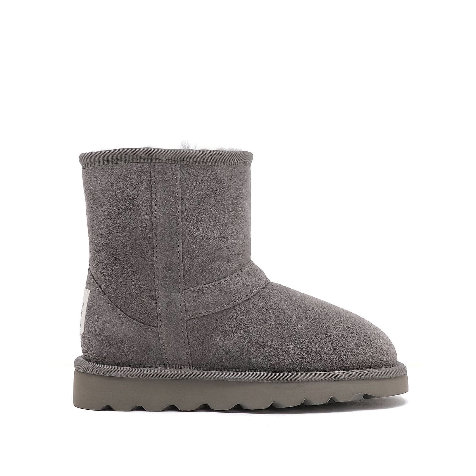 Grey suede sheepskin short boot with chunky sole, side view. - Yellow Earth Australia