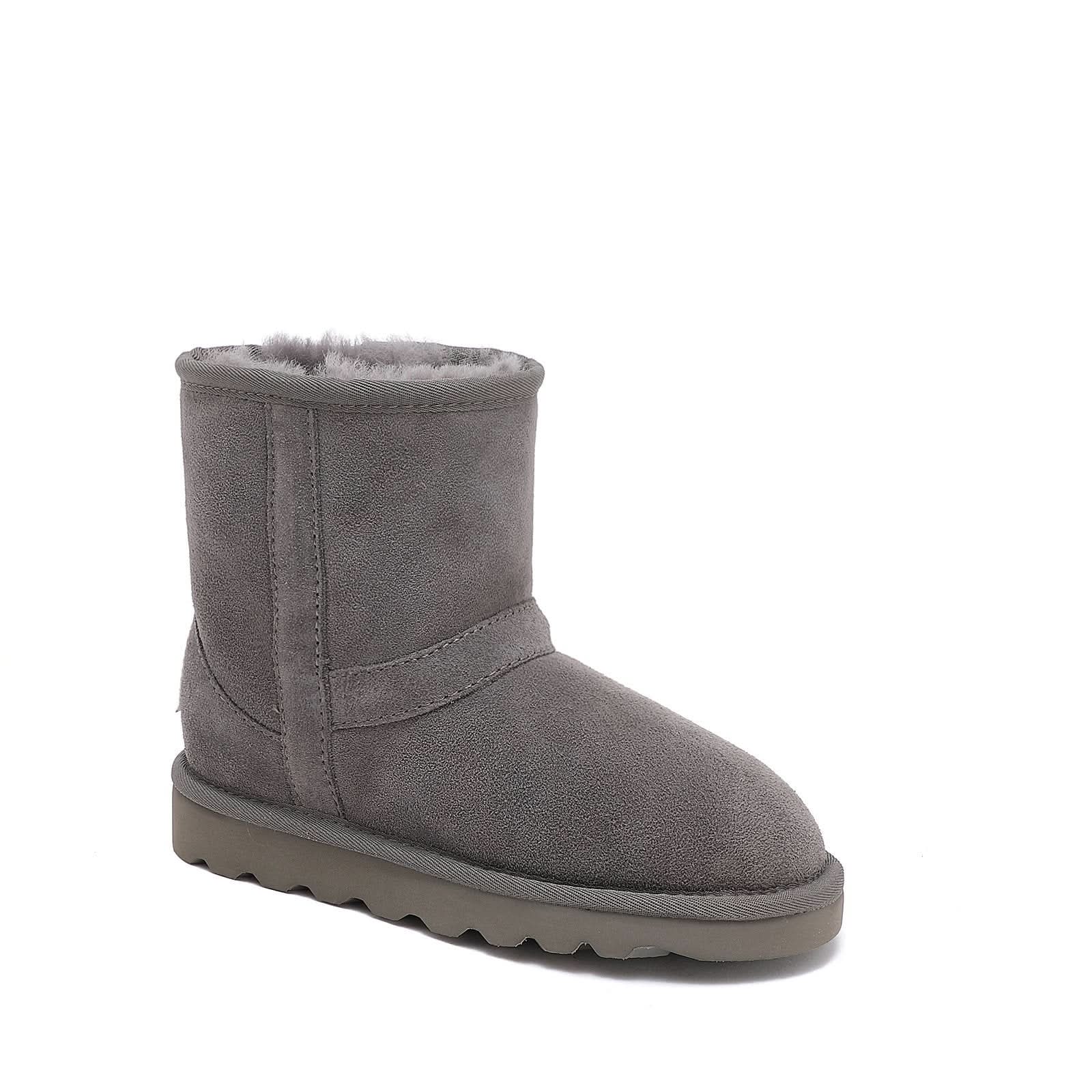 Grey sheepskin wool short boot with fluffy lining, side view. - Yellow Earth Australia