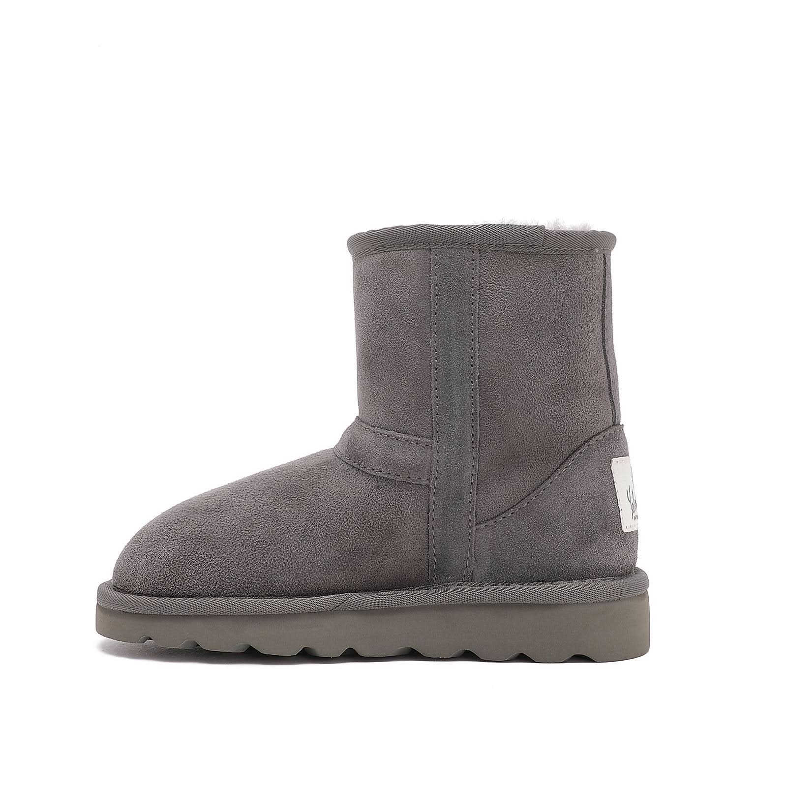 Grey suede sheepskin boot with fluffy wool lining, side view. - Yellow Earth Australia