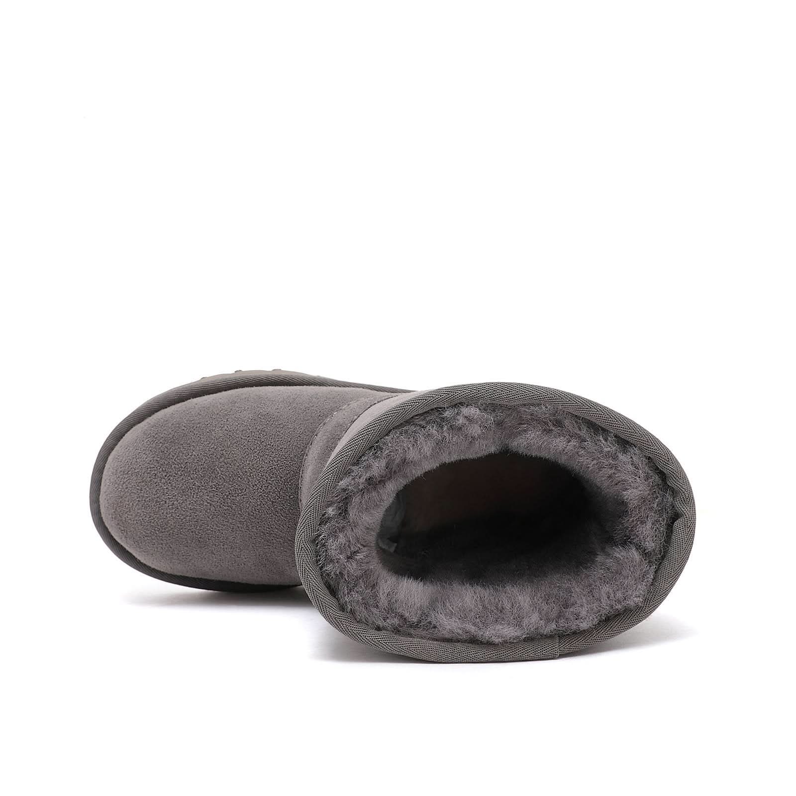 Grey sheepskin boot with soft wool lining, top-down view. - Yellow Earth Australia