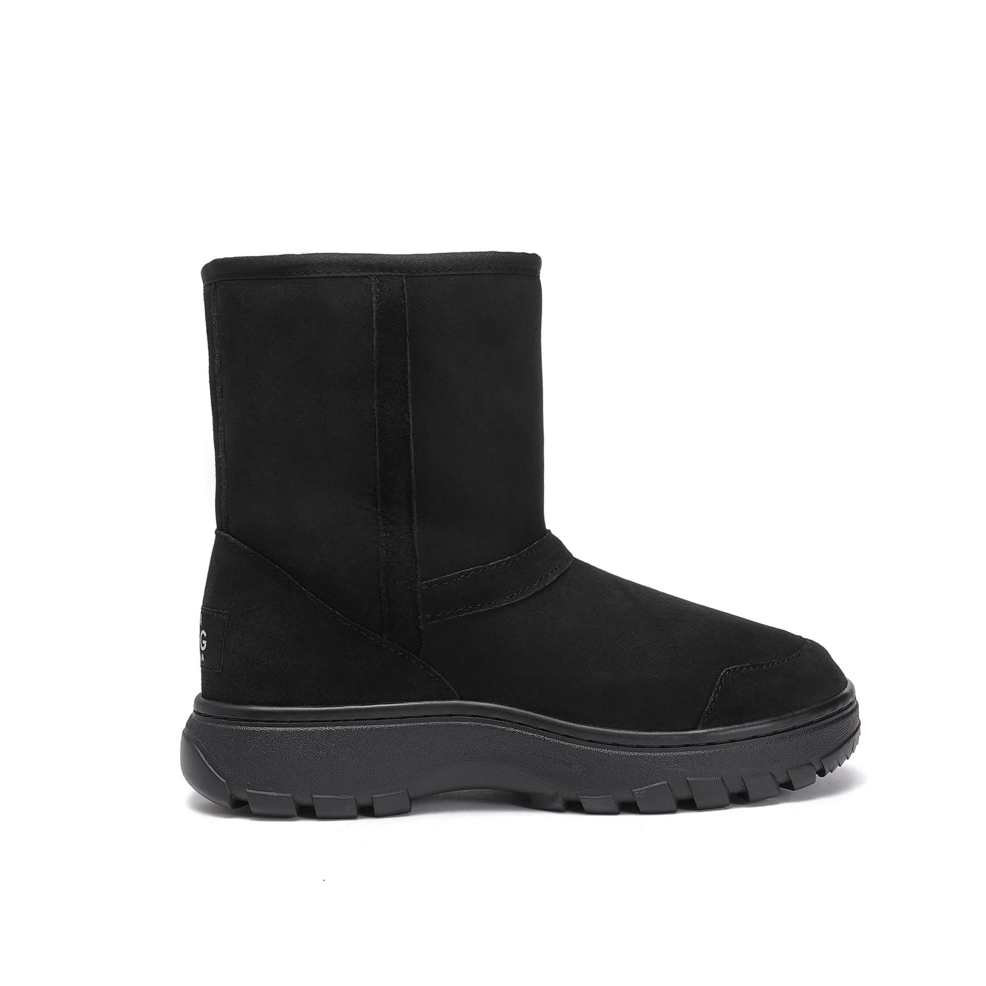 Black suede sheepskin mid-calf boot with chunky sole, side view. - Yellow Earth Australia
