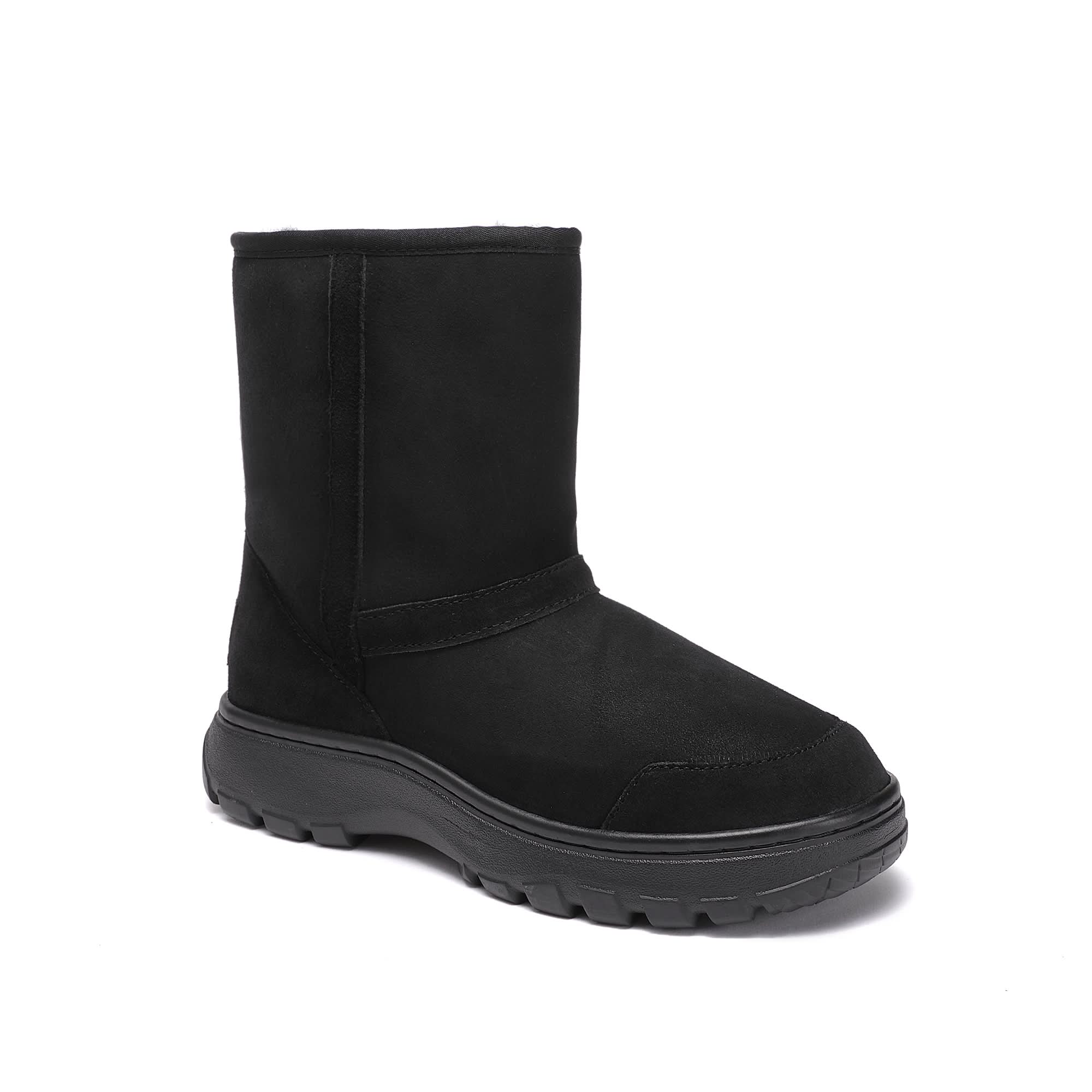 Black suede sheepskin mid-calf boot with chunky lug sole, side view. - Yellow Earth Australia