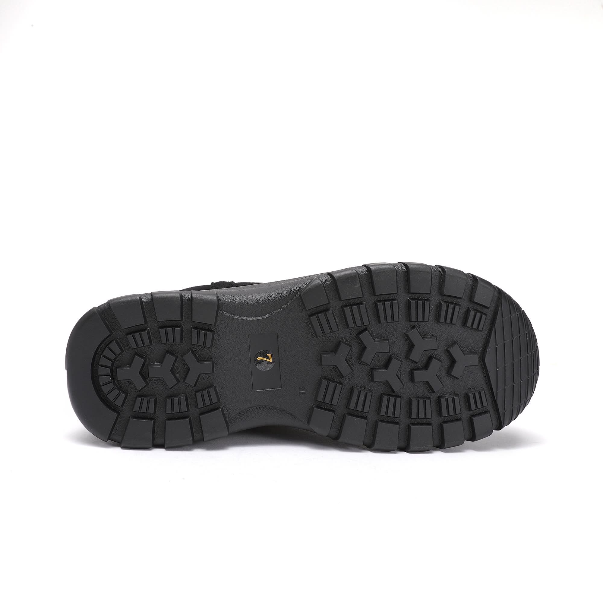 Black sheepskin winter boot sole view showing deep tread pattern and texture. - Yellow Earth Australia