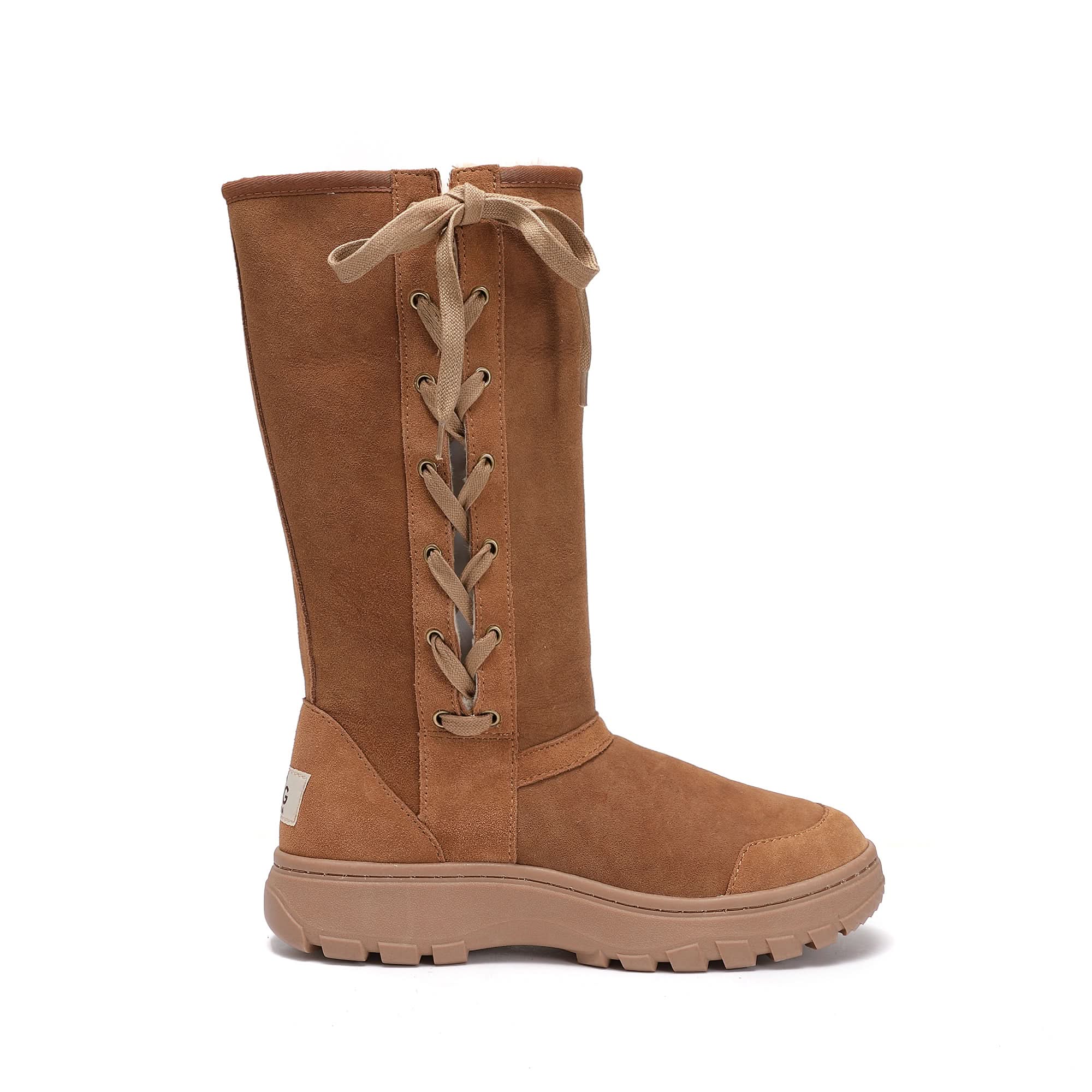 Tan suede lace-up sheepskin boot with chunky sole, side view. - Yellow Earth Australia