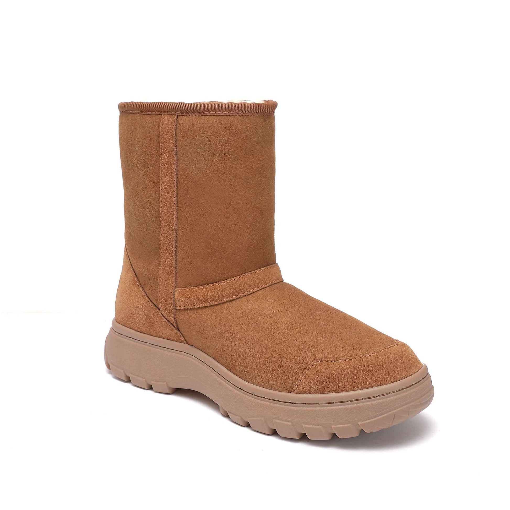 Tan suede mid-calf boot with chunky sole, side view. - Yellow Earth Australia
