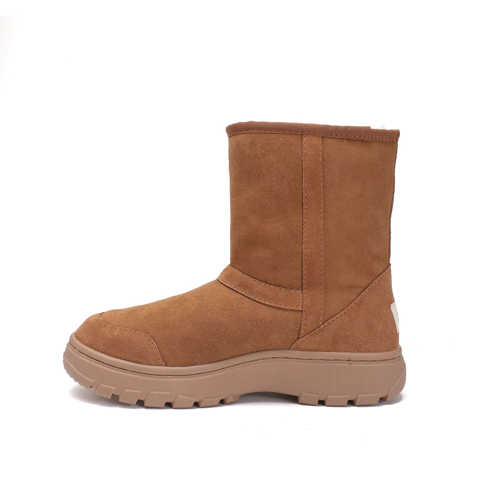Tan suede sheepskin mid-calf boot with chunky lug sole, side view. - Yellow Earth Australia